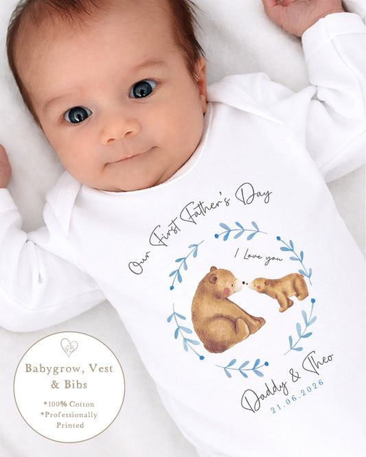 Personalised My First Father's Day Baby Vest / Babygrow - Blue Bear Wreath Design