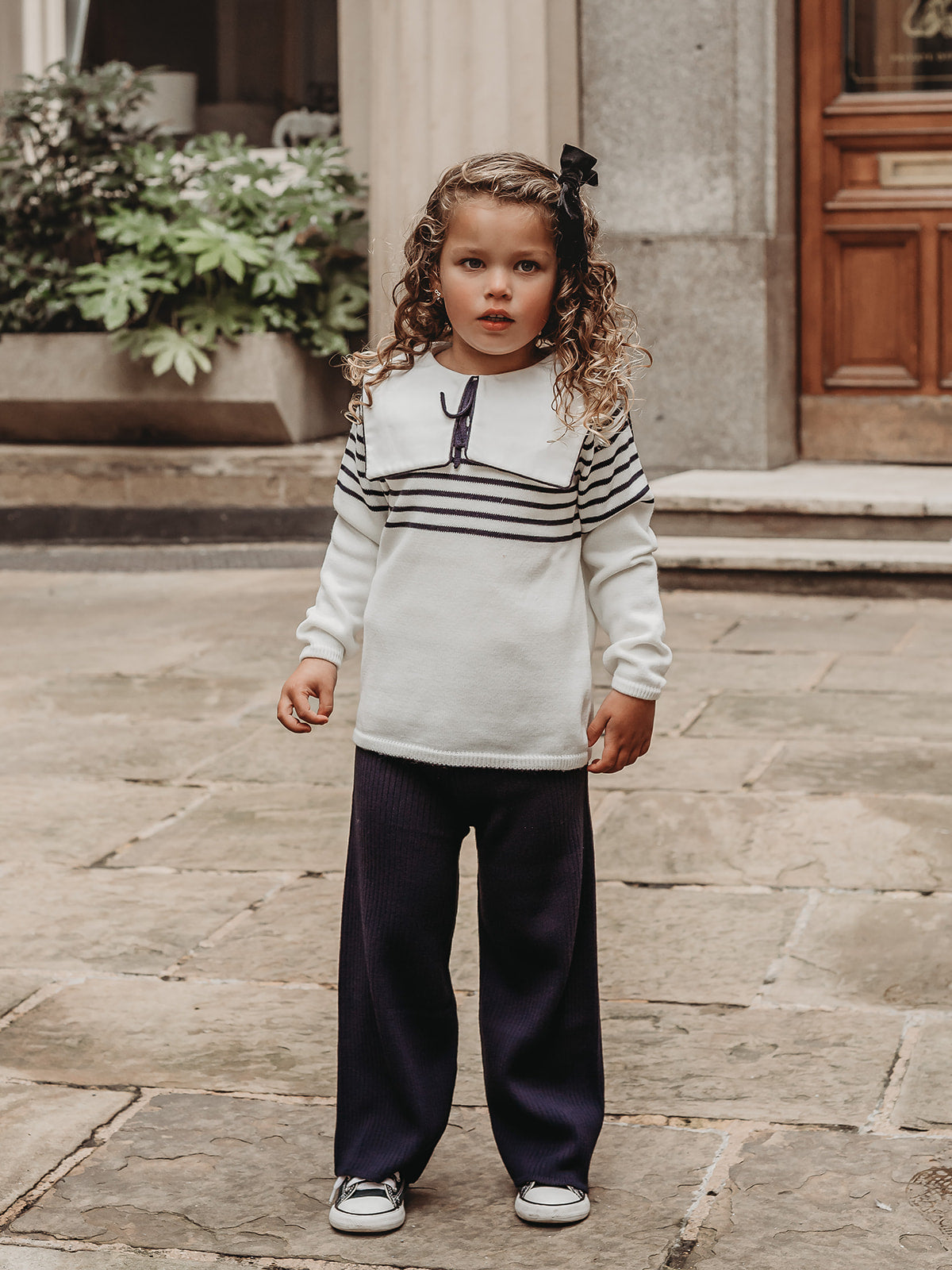 'Little Muse' Navy stripe statement collar knitted suit - Rose & Albert