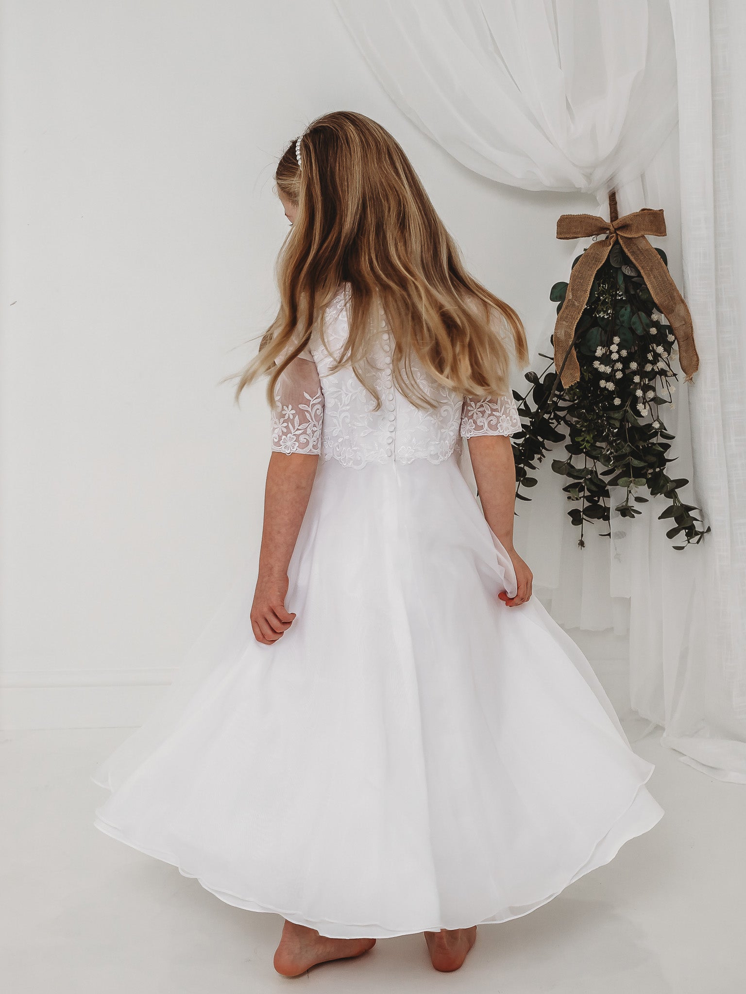 'Ava' White Embroidered Organza Communion Dress - Rose & Albert