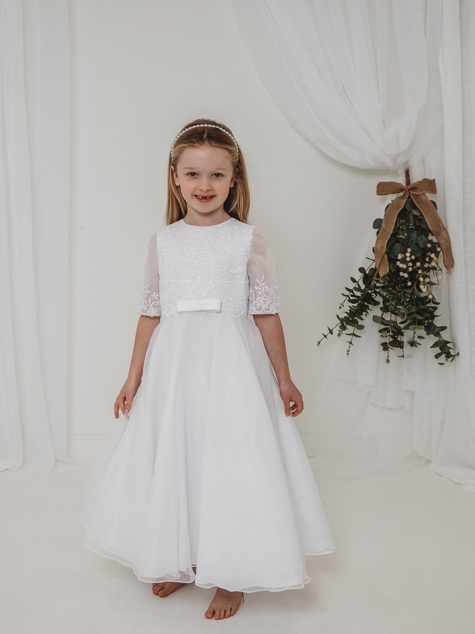 'Ava' White Embroidered Organza Communion Dress - Rose & Albert