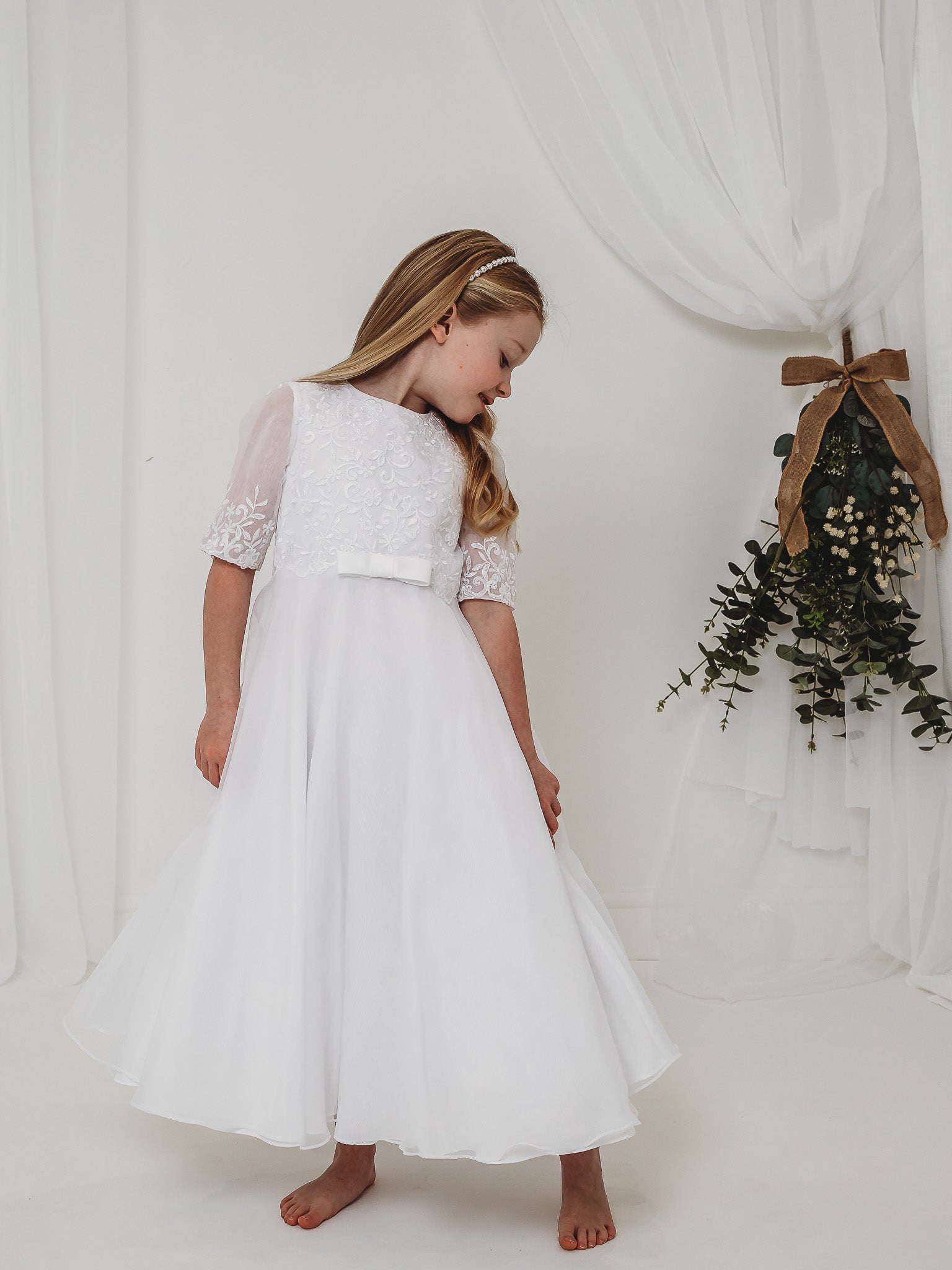 'Ava' White Embroidered Organza Communion Dress - Rose & Albert