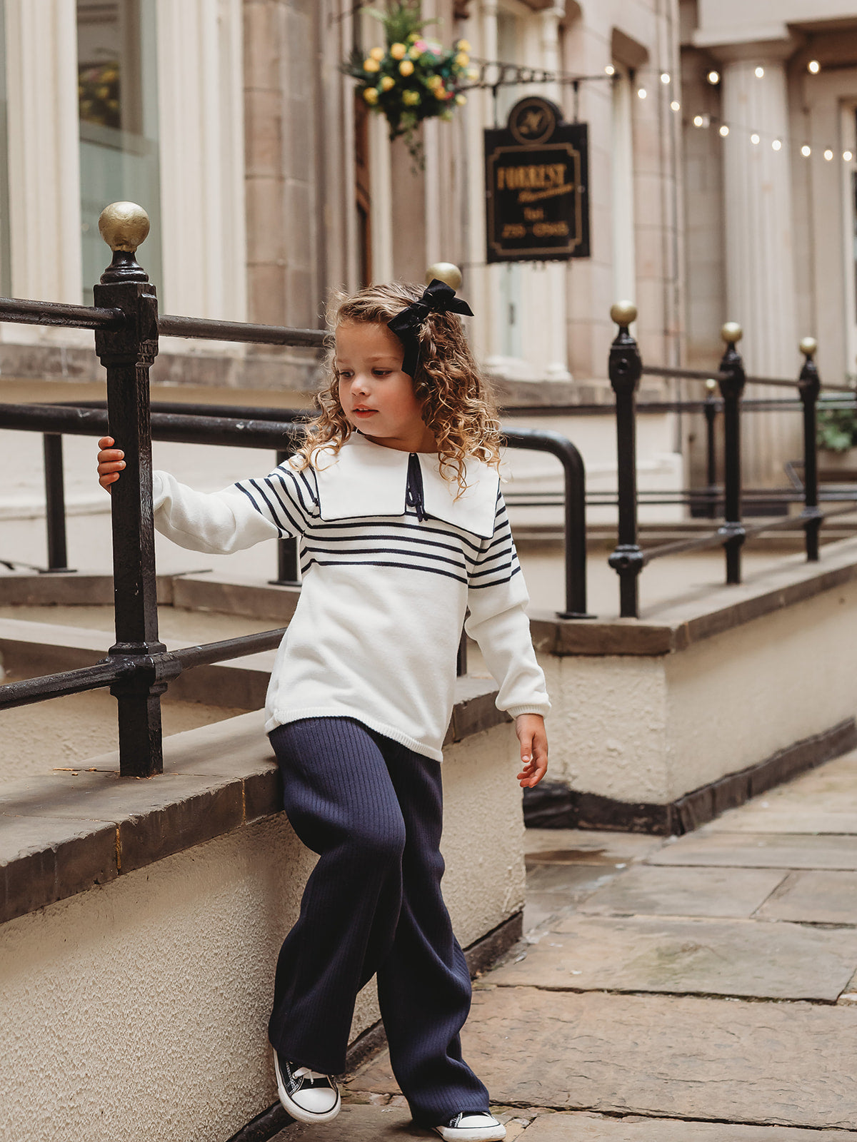 'Little Muse' Navy stripe statement collar knitted suit - Rose & Albert