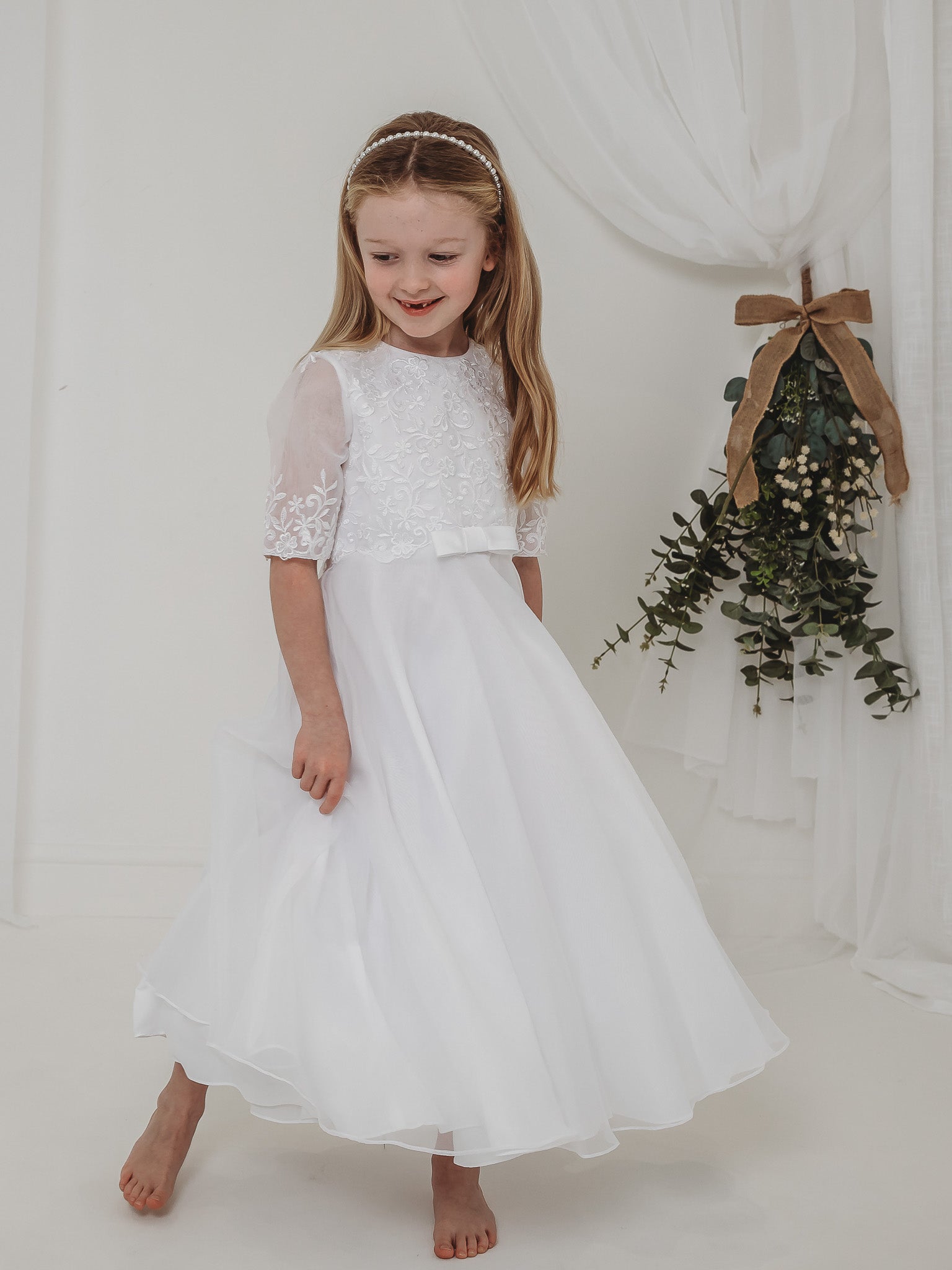 'Ava' White Embroidered Organza Communion Dress - Rose & Albert
