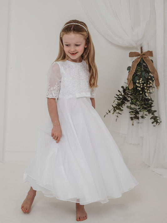 'Ava' White Embroidered Organza Communion Dress - Rose & Albert