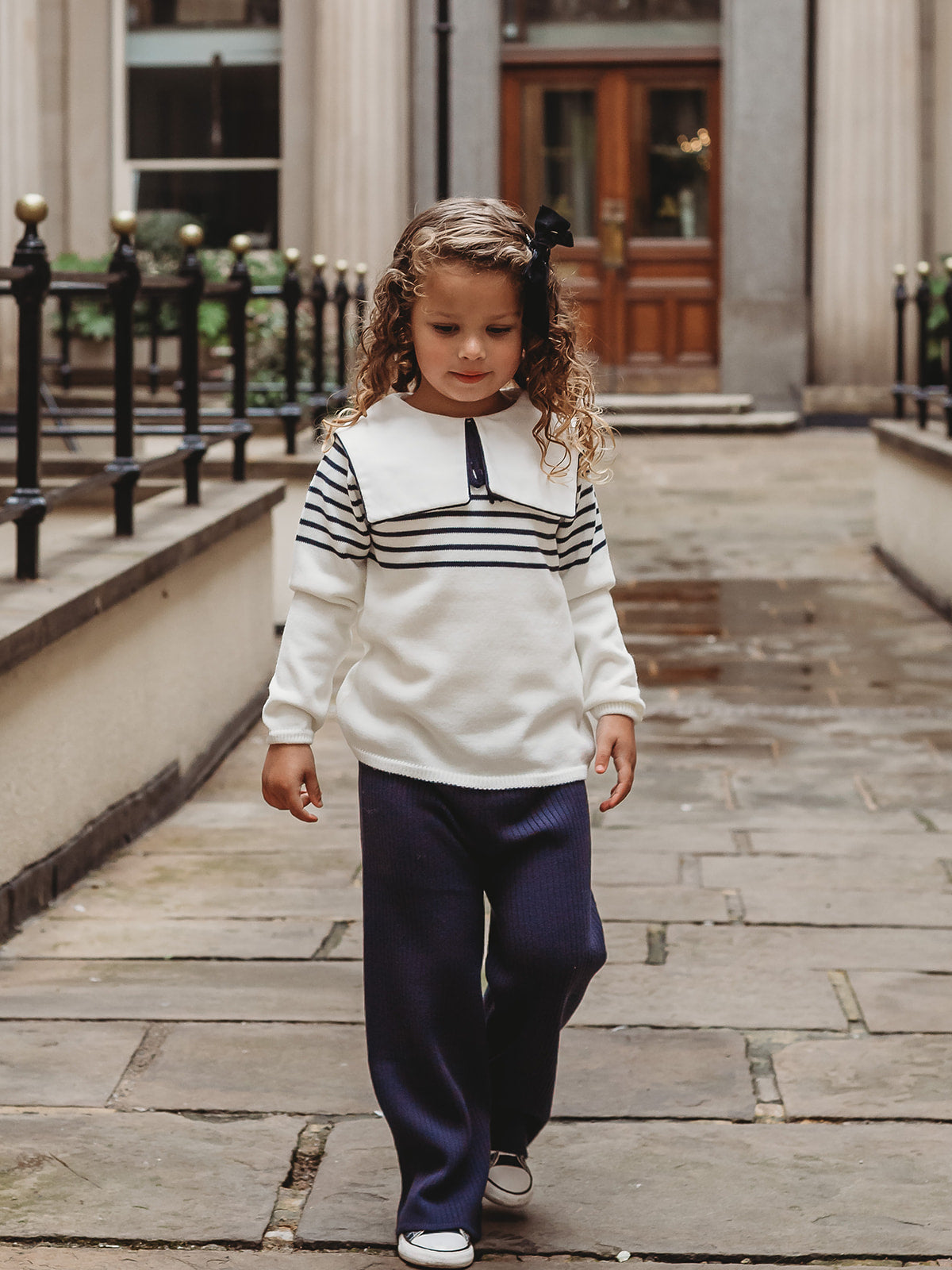 'Little Muse' Navy stripe statement collar knitted suit - Rose & Albert