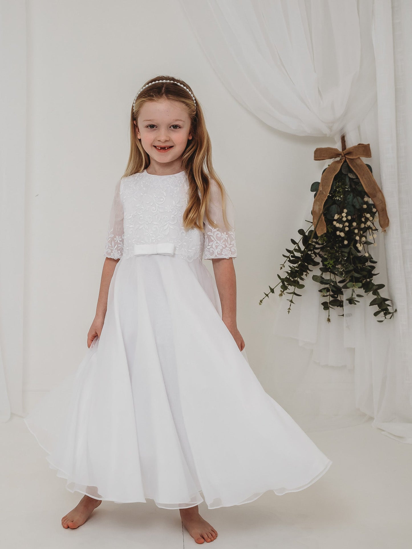 'Ava' White Embroidered Organza Communion Dress - Rose & Albert