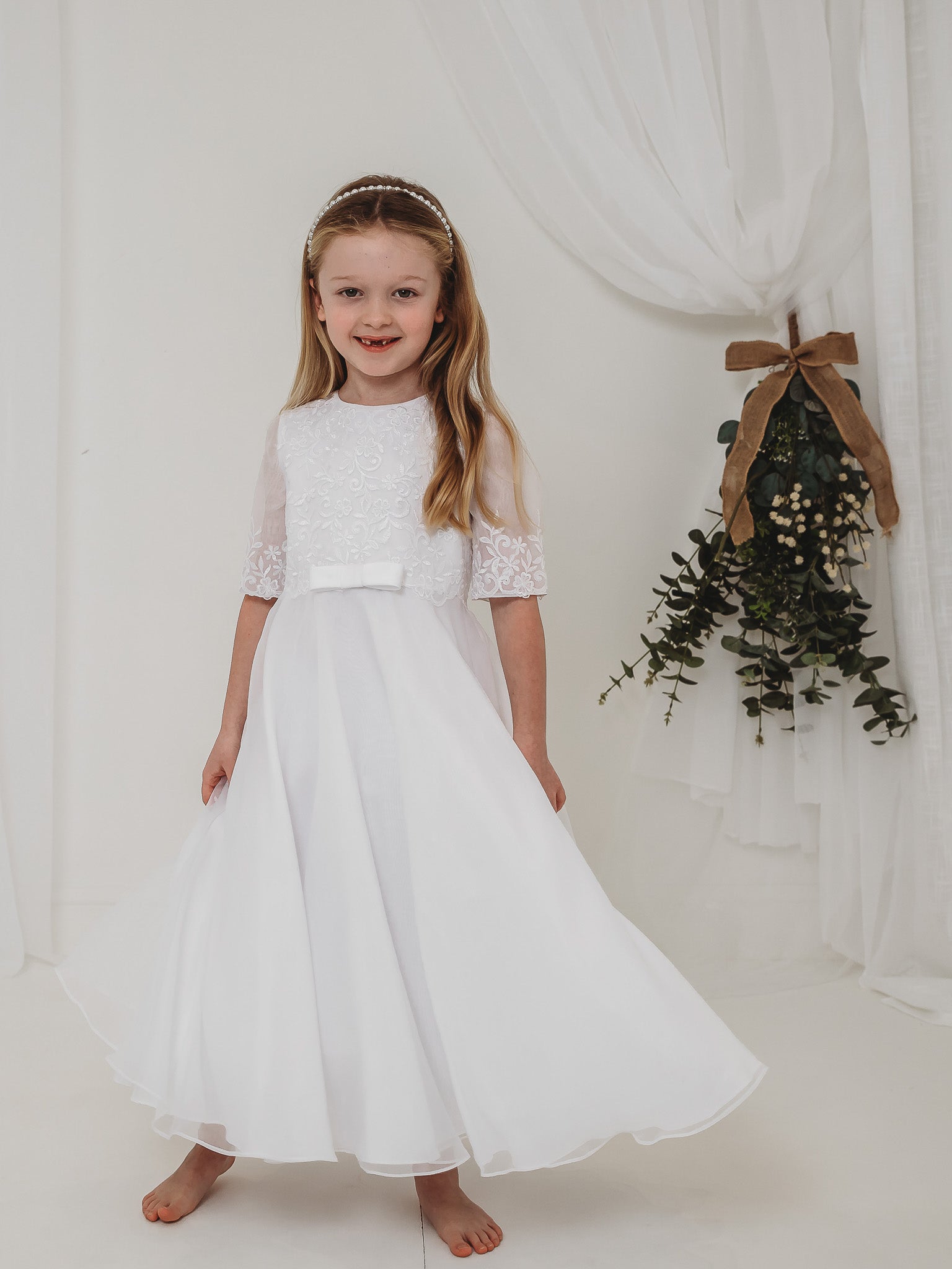 'Ava' White Embroidered Organza Communion Dress - Rose & Albert