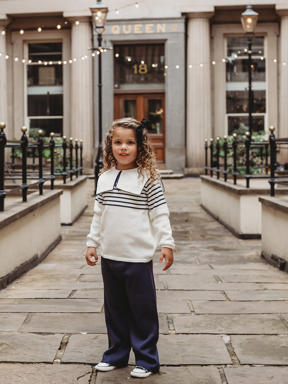'Little Muse' Navy stripe statement collar knitted suit - Rose & Albert