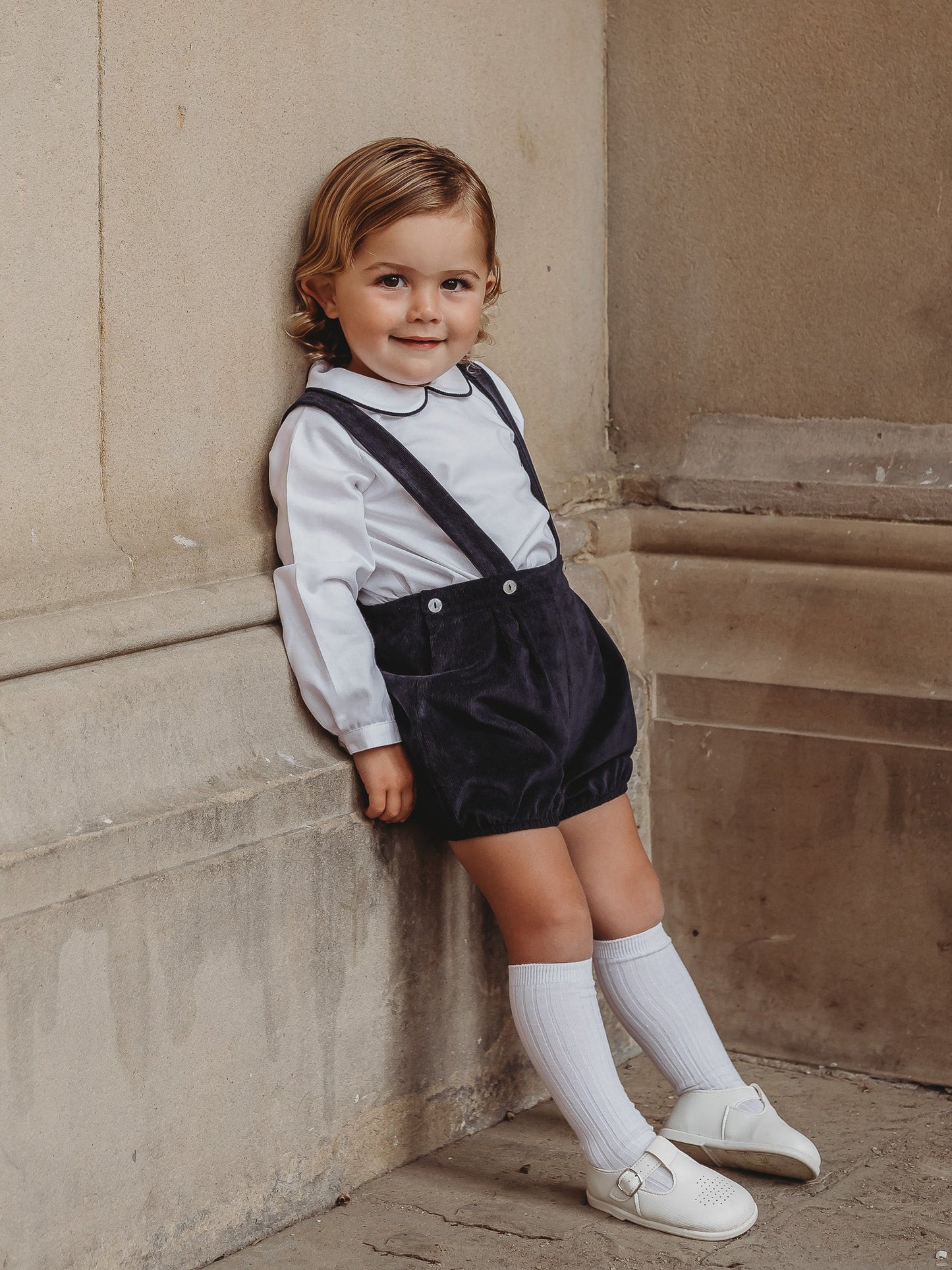 'James' navy babycord dungaree and shirt set