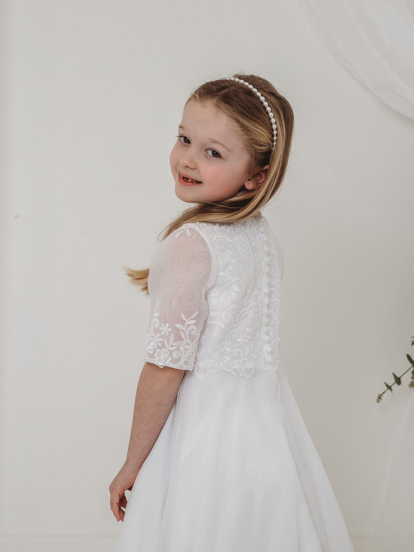 'Ava' White Embroidered Organza Communion Dress - Rose & Albert