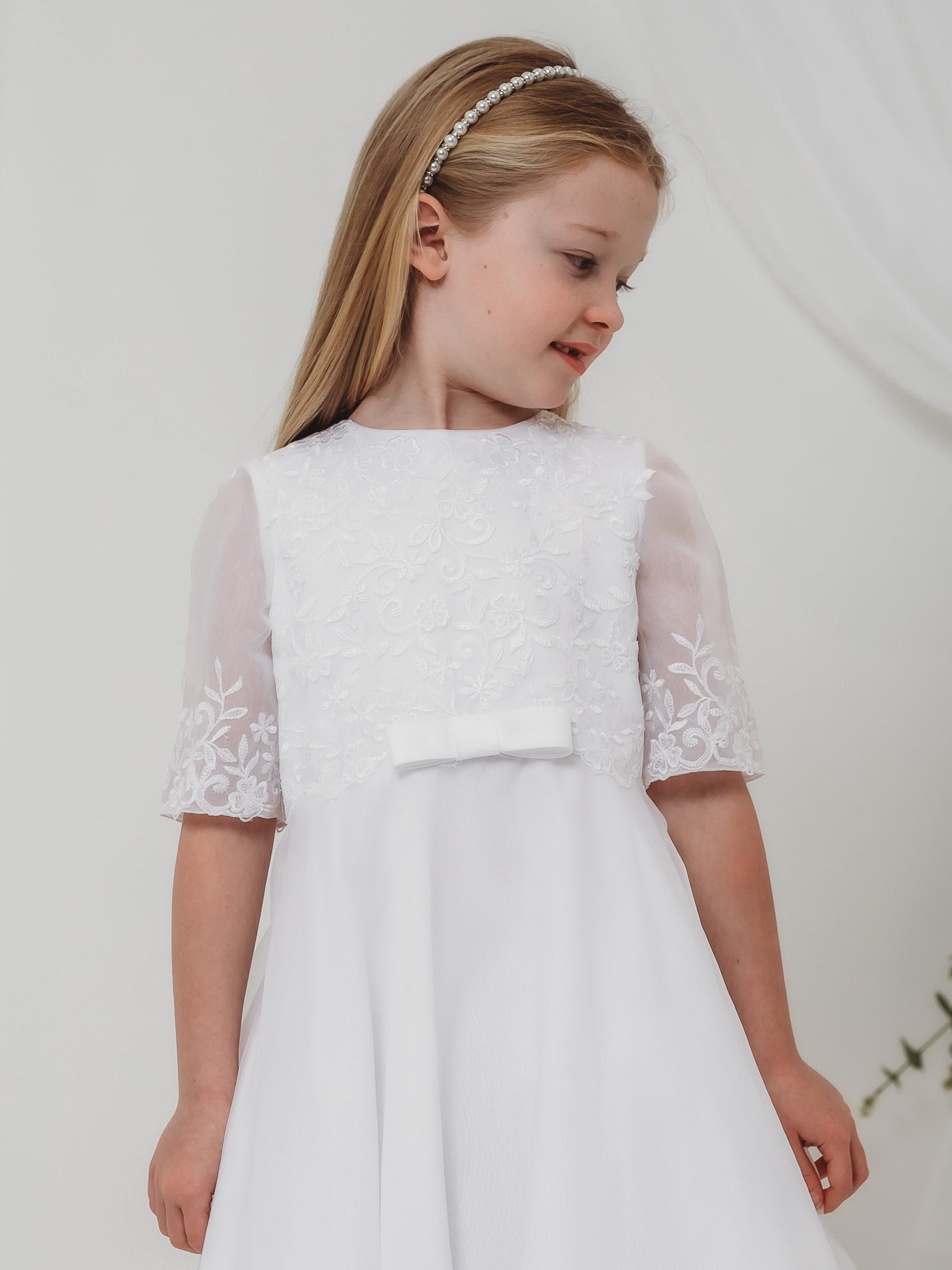 'Ava' White Embroidered Organza Communion Dress - Rose & Albert