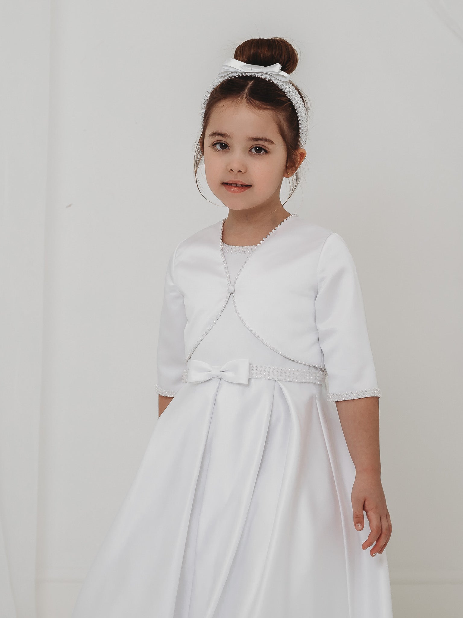 'Delphine' White Pearl Bolero Communion Dress - Rose & Albert