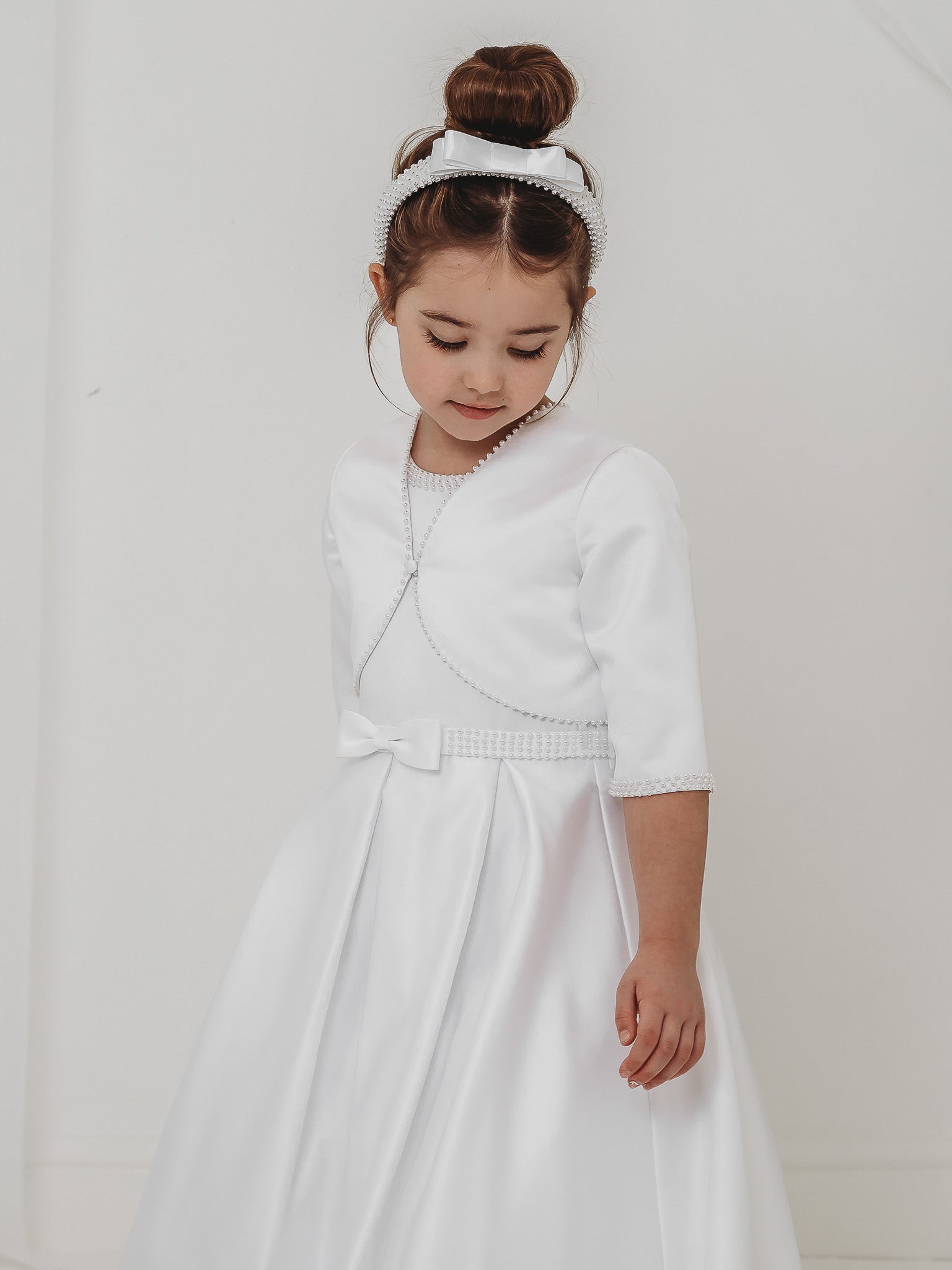 'Delphine' White Pearl Bolero Communion Dress - Rose & Albert