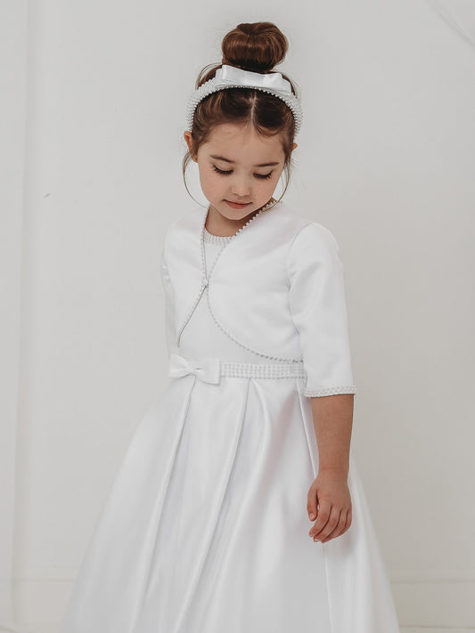 'Delphine' White Pearl Bolero Communion Dress - Rose & Albert