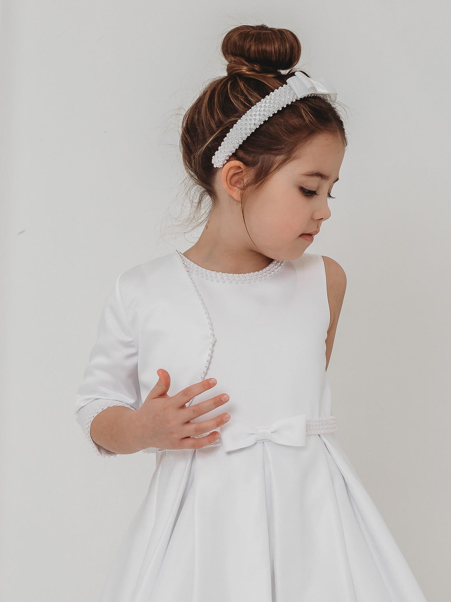 'Delphine' White Pearl Bolero Communion Dress - Rose & Albert