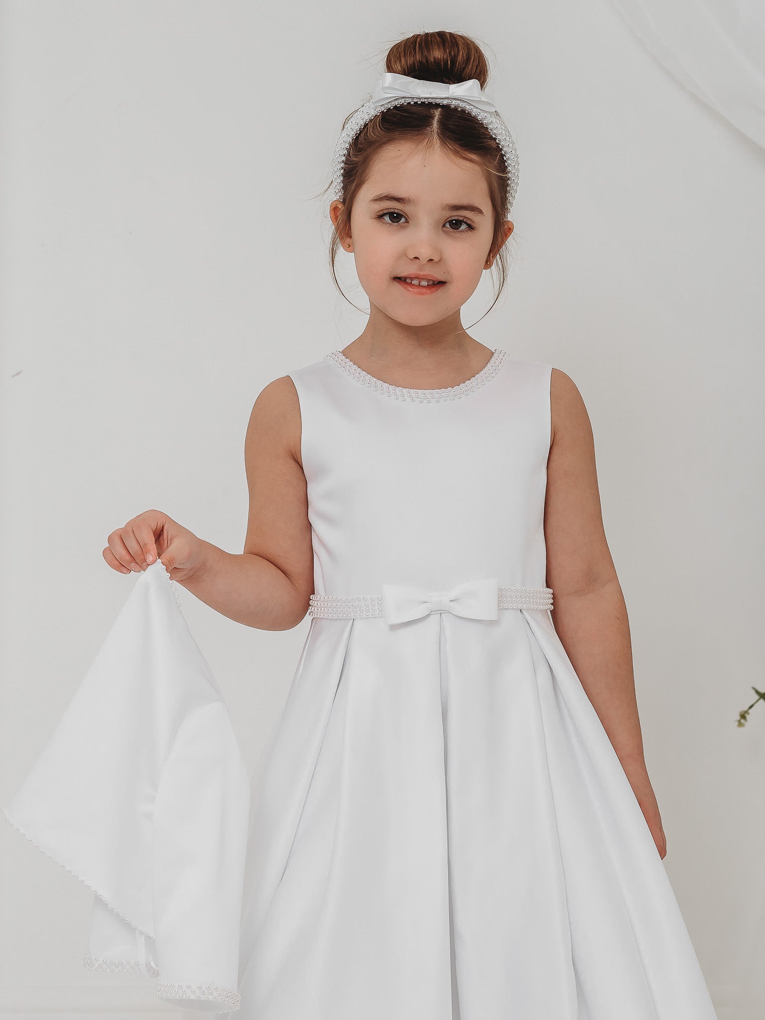 'Delphine' White Pearl Bolero Communion Dress - Rose & Albert