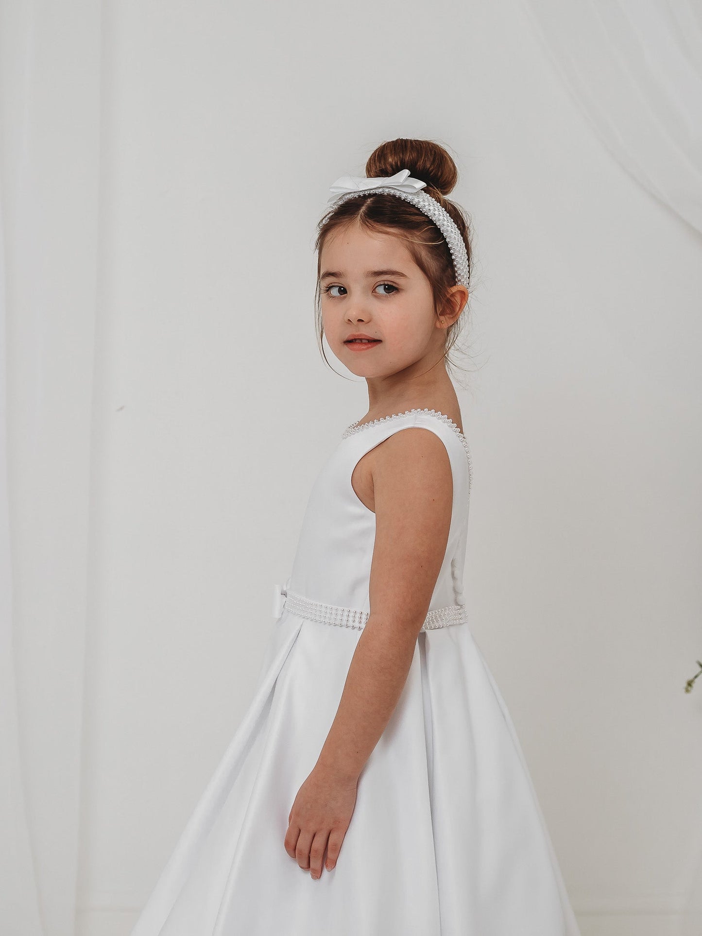 'Delphine' White Pearl Bolero Communion Dress - Rose & Albert