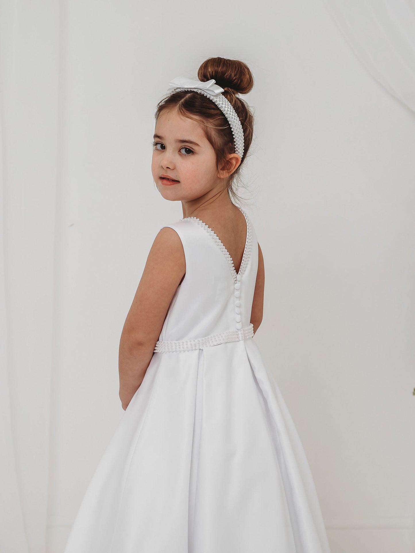 'Delphine' White Pearl Bolero Communion Dress - Rose & Albert