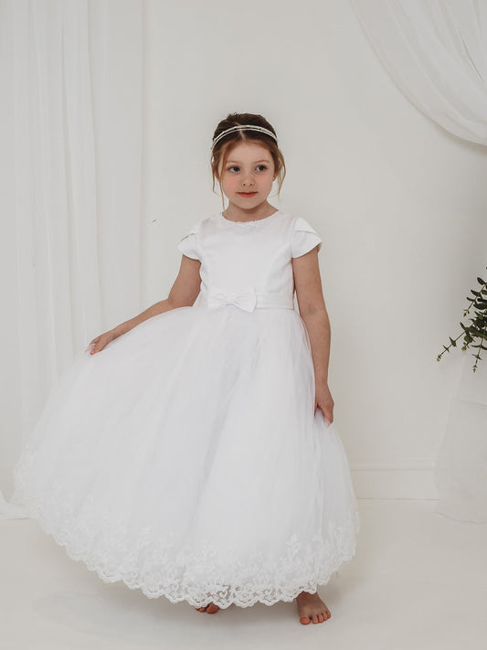 'Florence' White Pearl & Lace Communion Dress - Rose & Albert