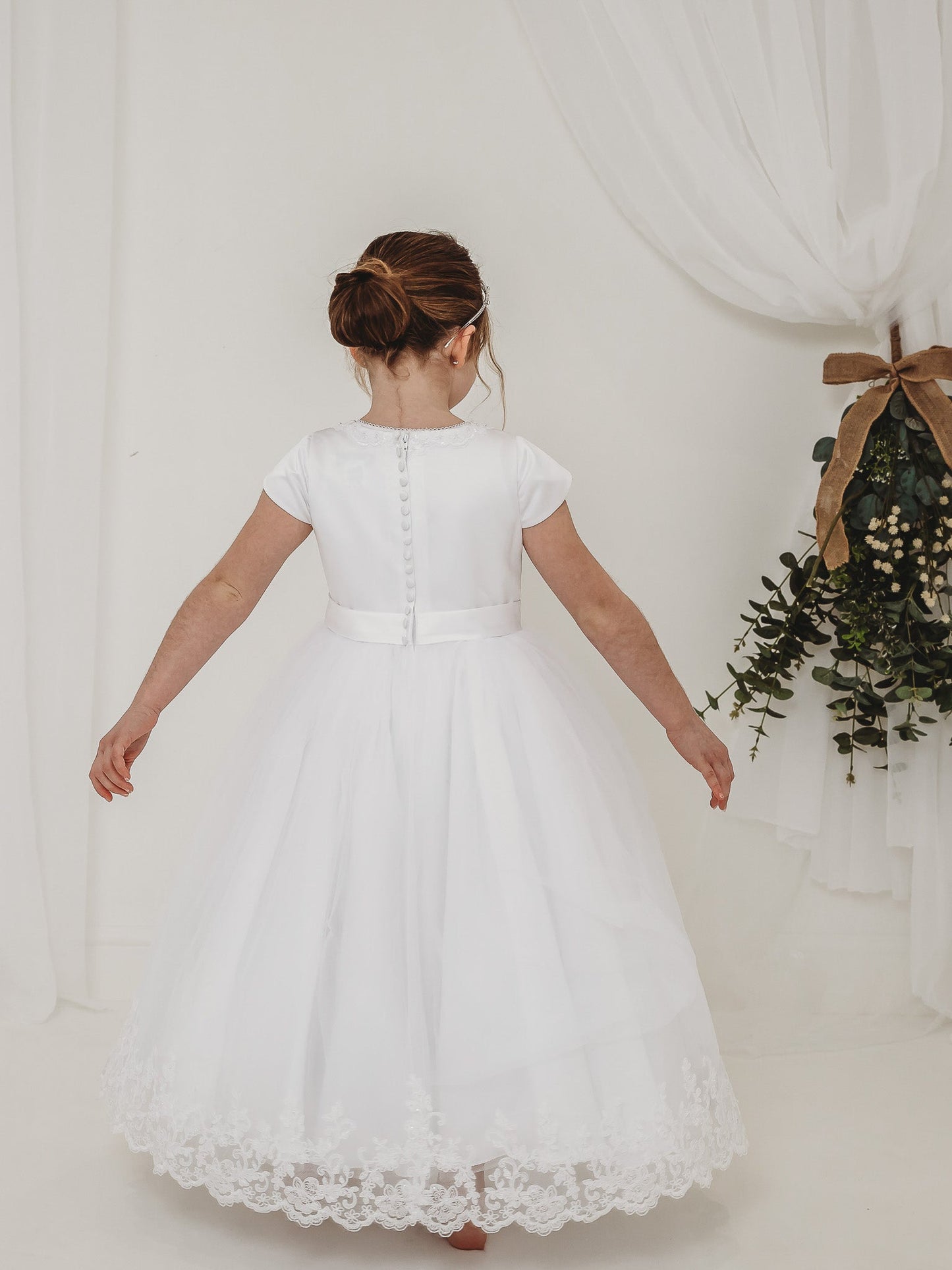 'Florence' White Pearl & Lace Communion Dress - Rose & Albert
