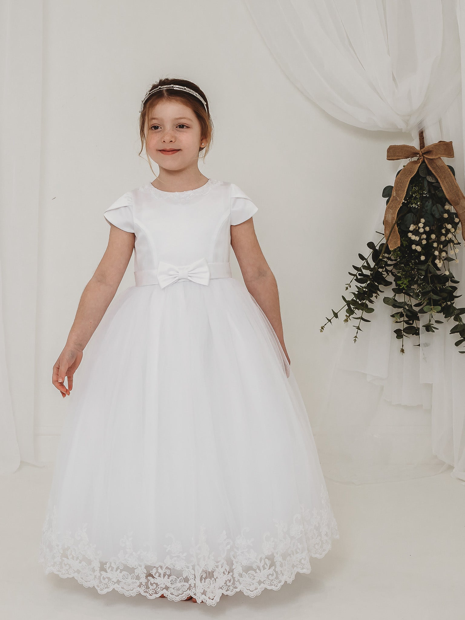 'Florence' White Pearl & Lace Communion Dress - Rose & Albert