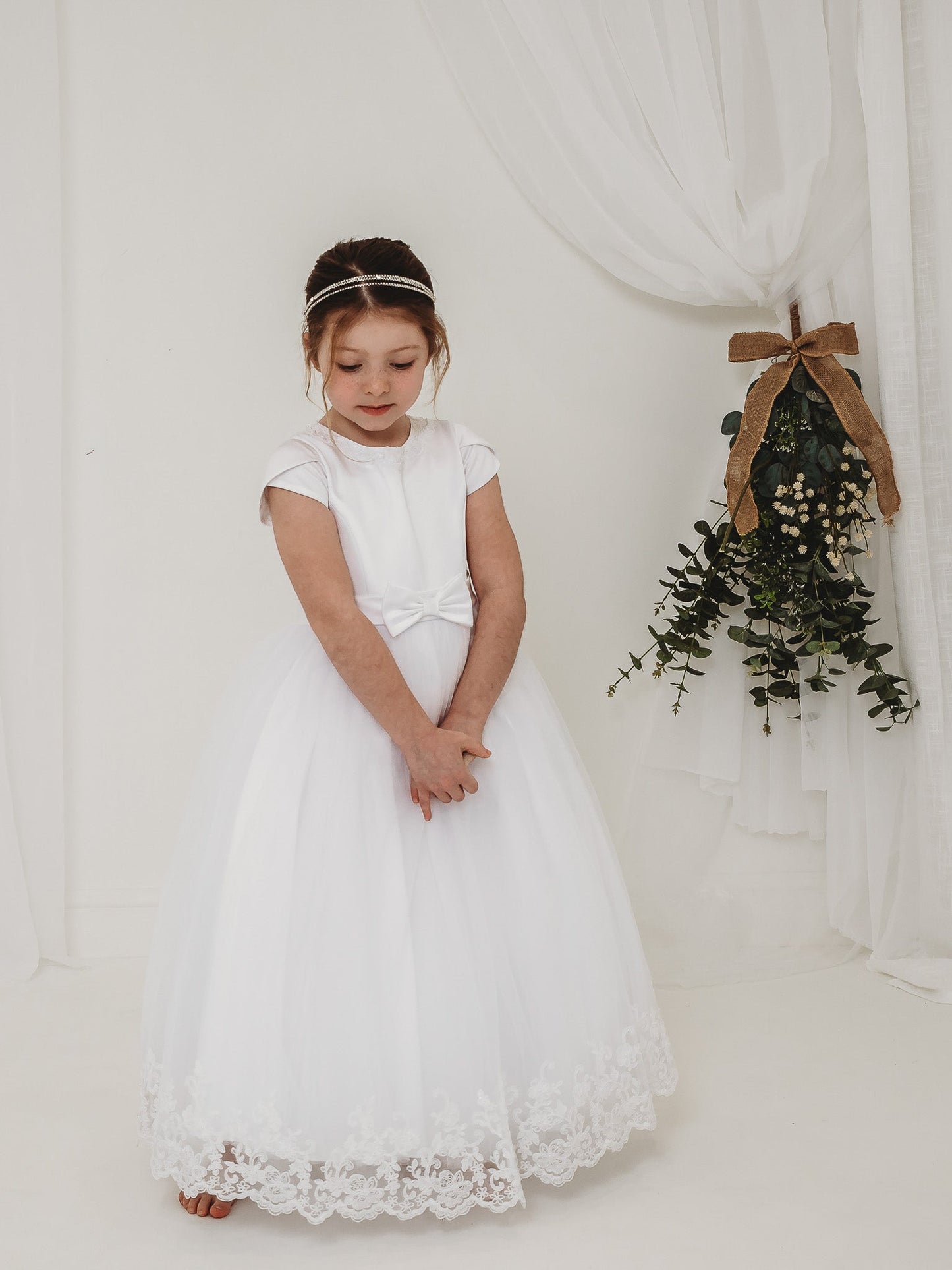 'Florence' White Pearl & Lace Communion Dress - Rose & Albert