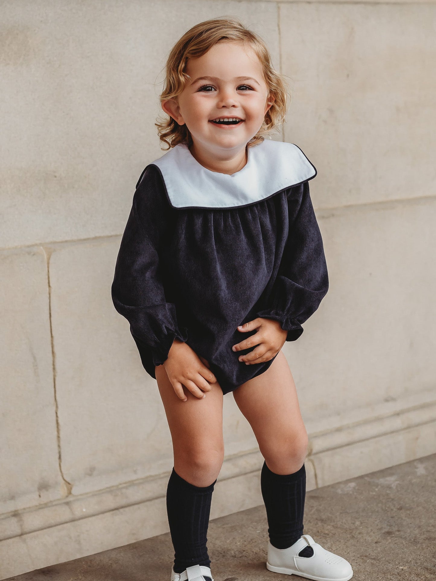 Samuel' Babycord Sailor Collar Romper in Blue