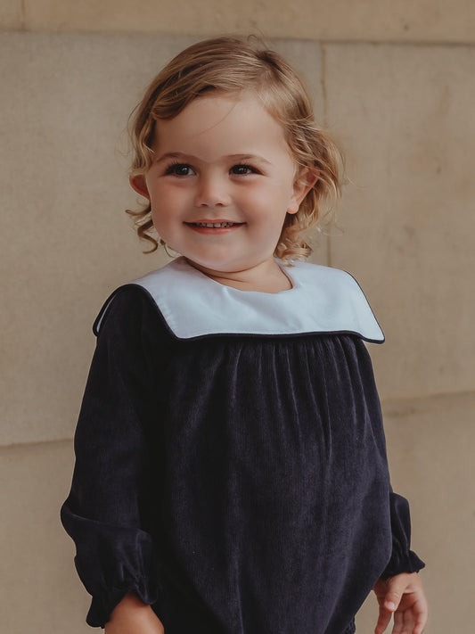 Samuel' Babycord Sailor Collar Romper in Blue