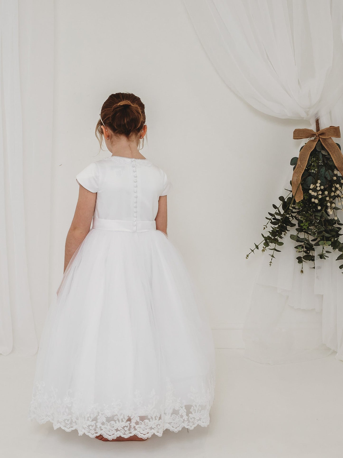 'Florence' White Pearl & Lace Communion Dress - Rose & Albert
