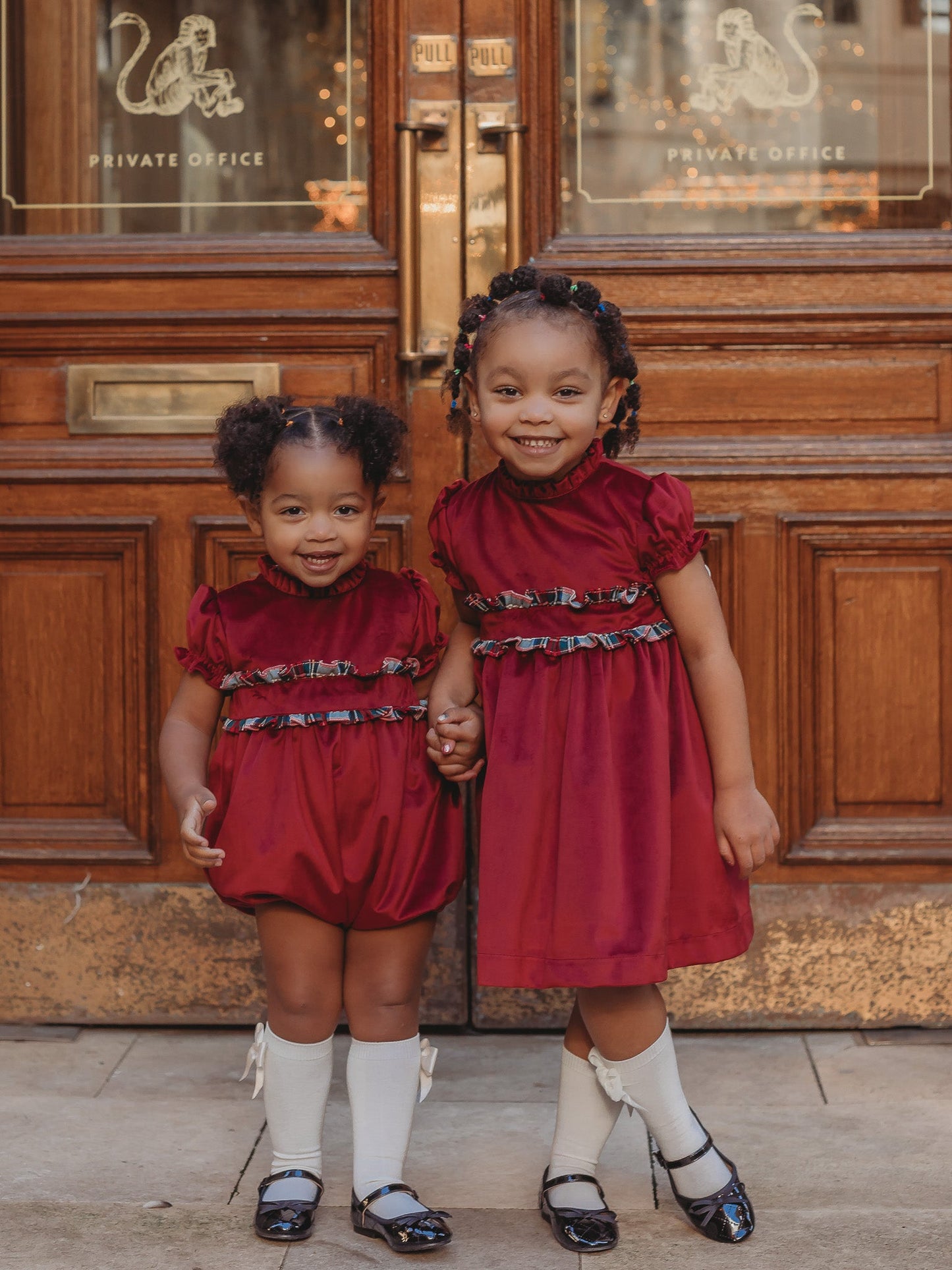 'Ruby' burgundy velvet & tartan romper
