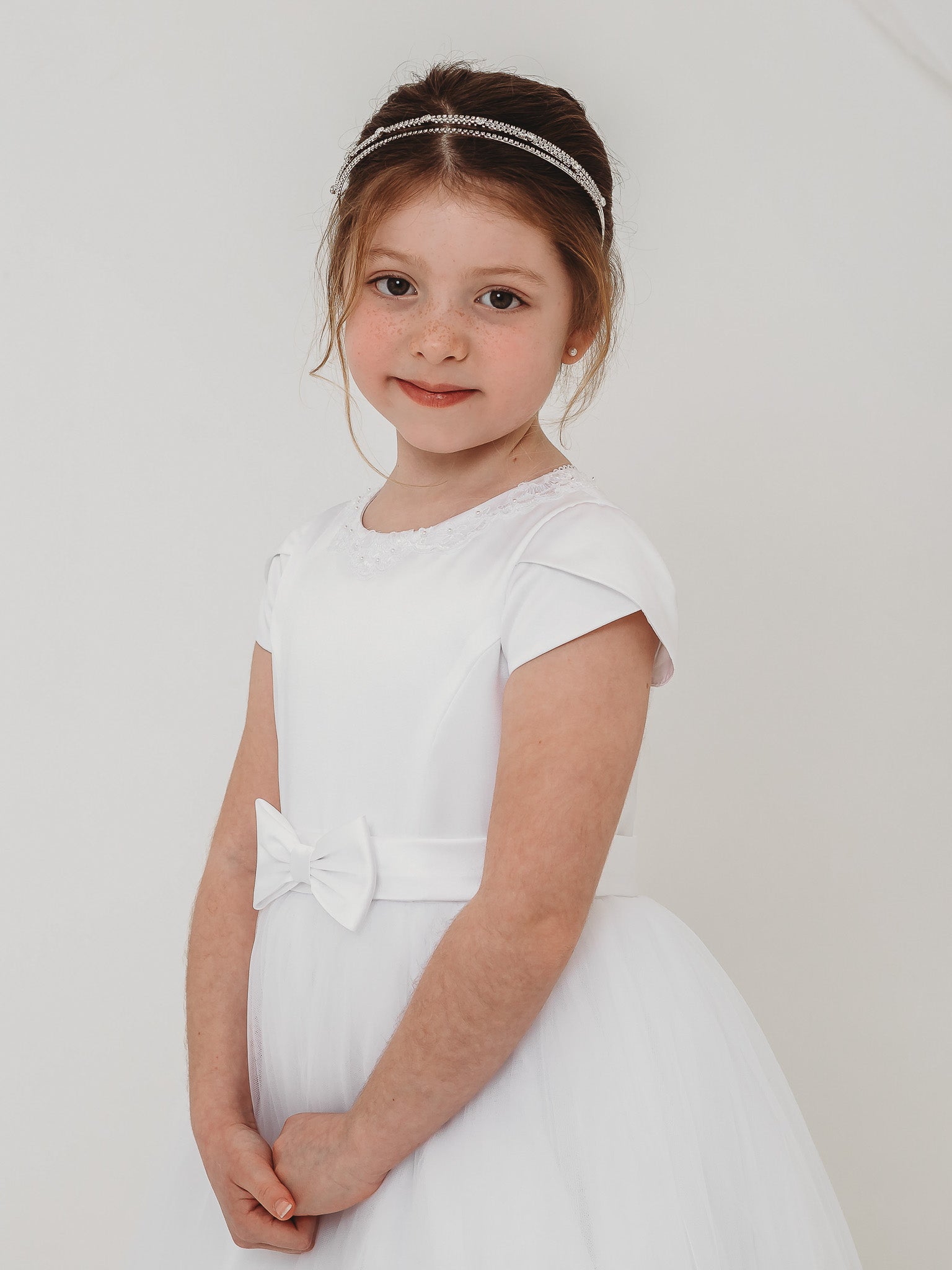 'Florence' White Pearl & Lace Communion Dress - Rose & Albert