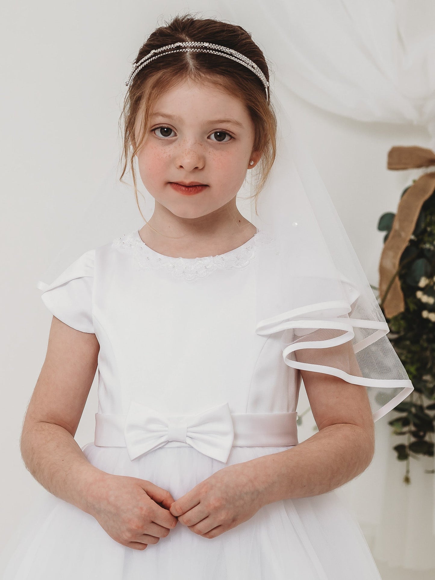 'Florence' White Pearl & Lace Communion Dress - Rose & Albert