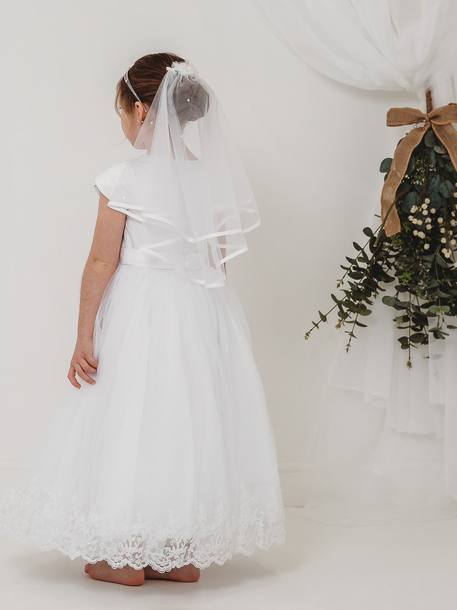 'Florence' White Pearl & Lace Communion Dress - Rose & Albert