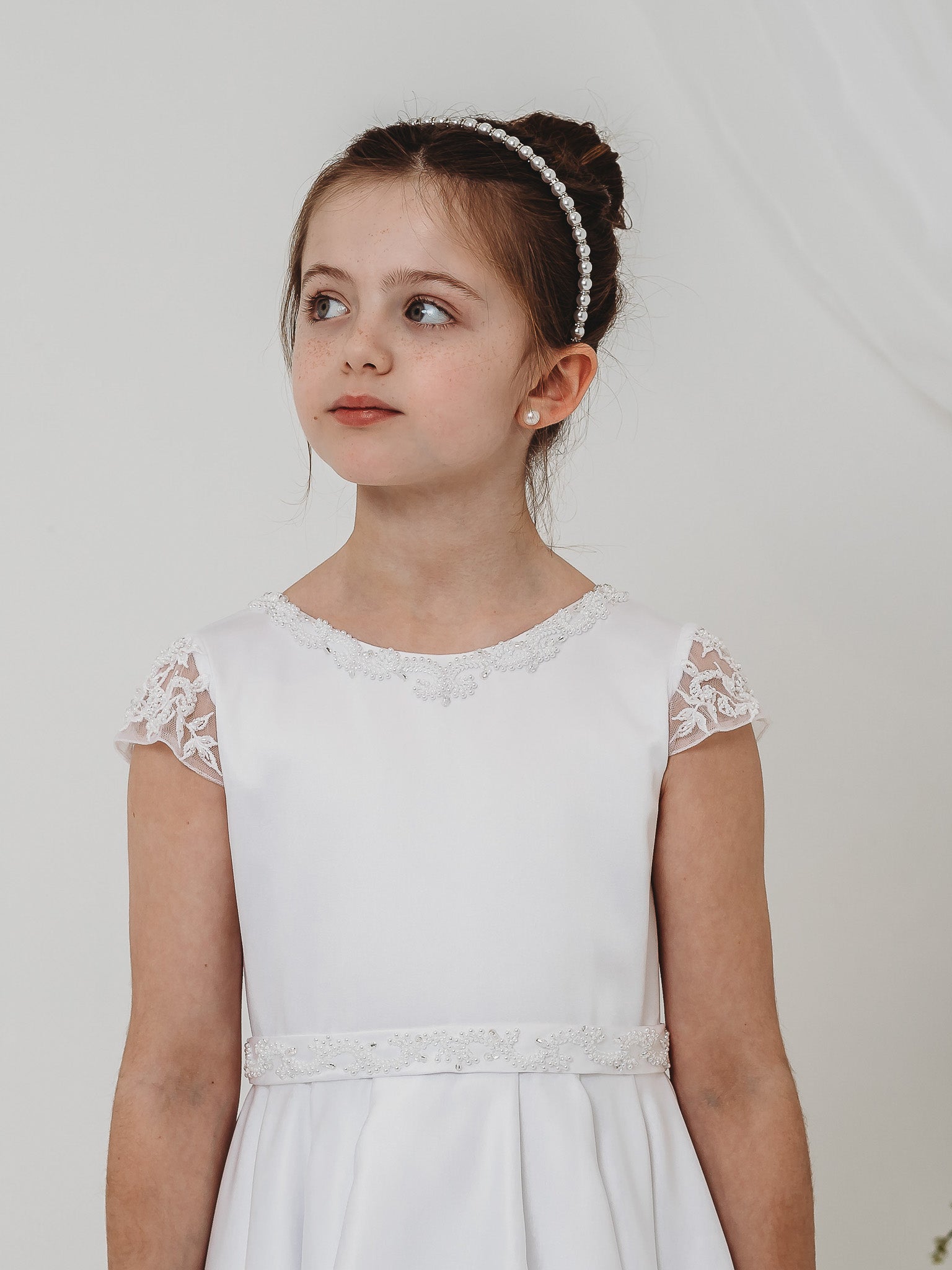 'Esther' White Satin & Pearl Communion Dress - Rose & Albert