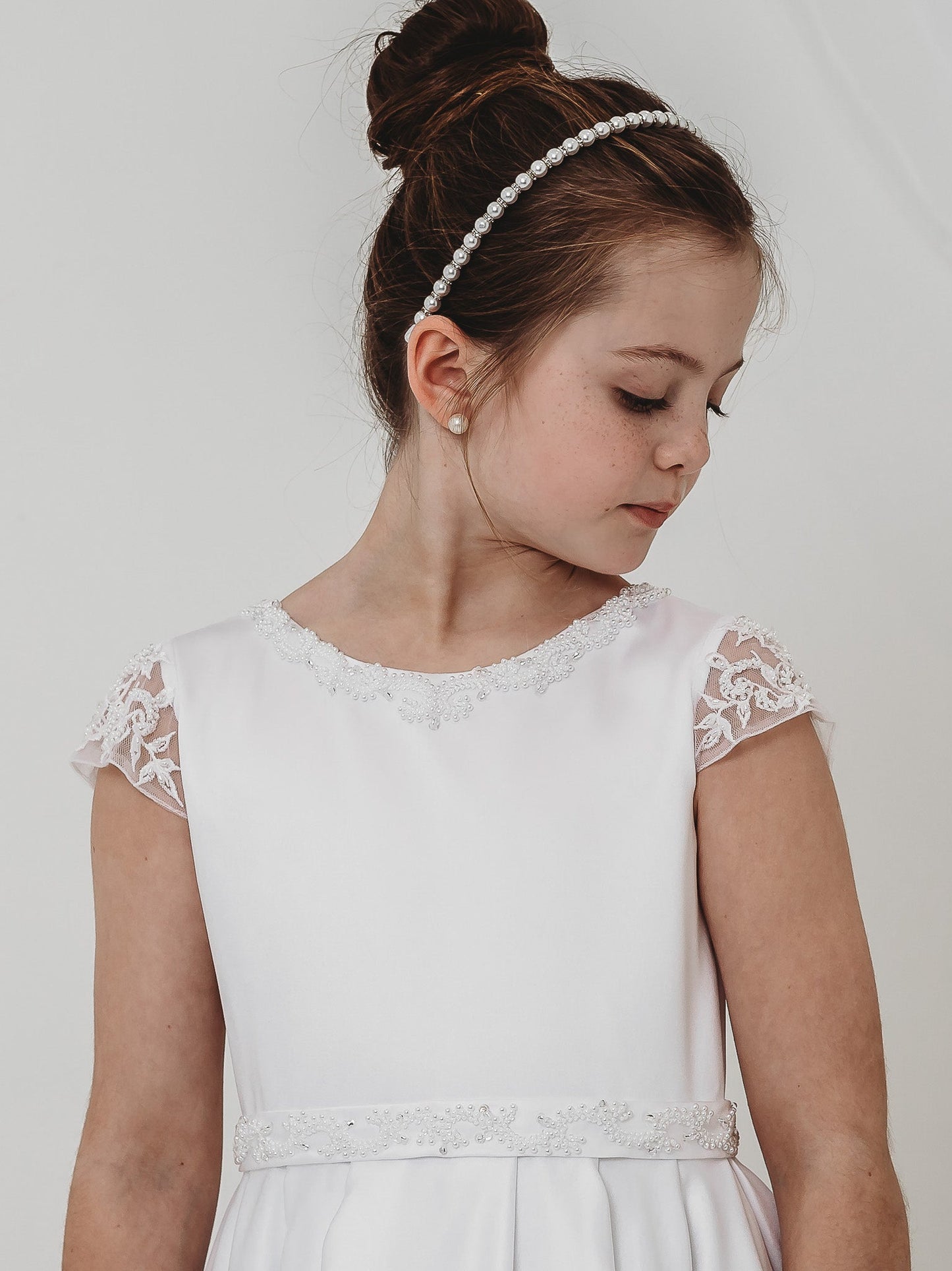 'Esther' White Satin & Pearl Communion Dress - Rose & Albert