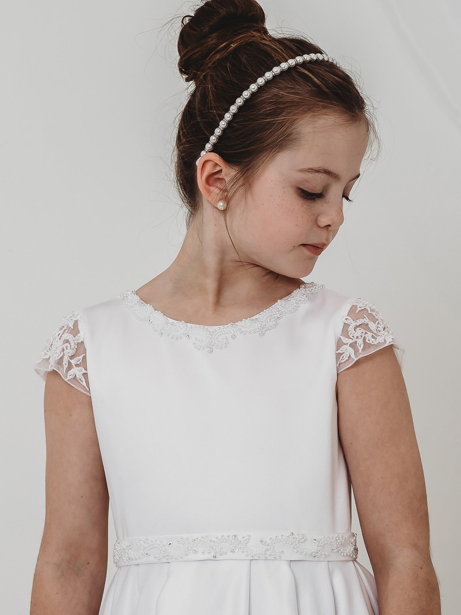 'Esther' White Satin & Pearl Communion Dress - Rose & Albert