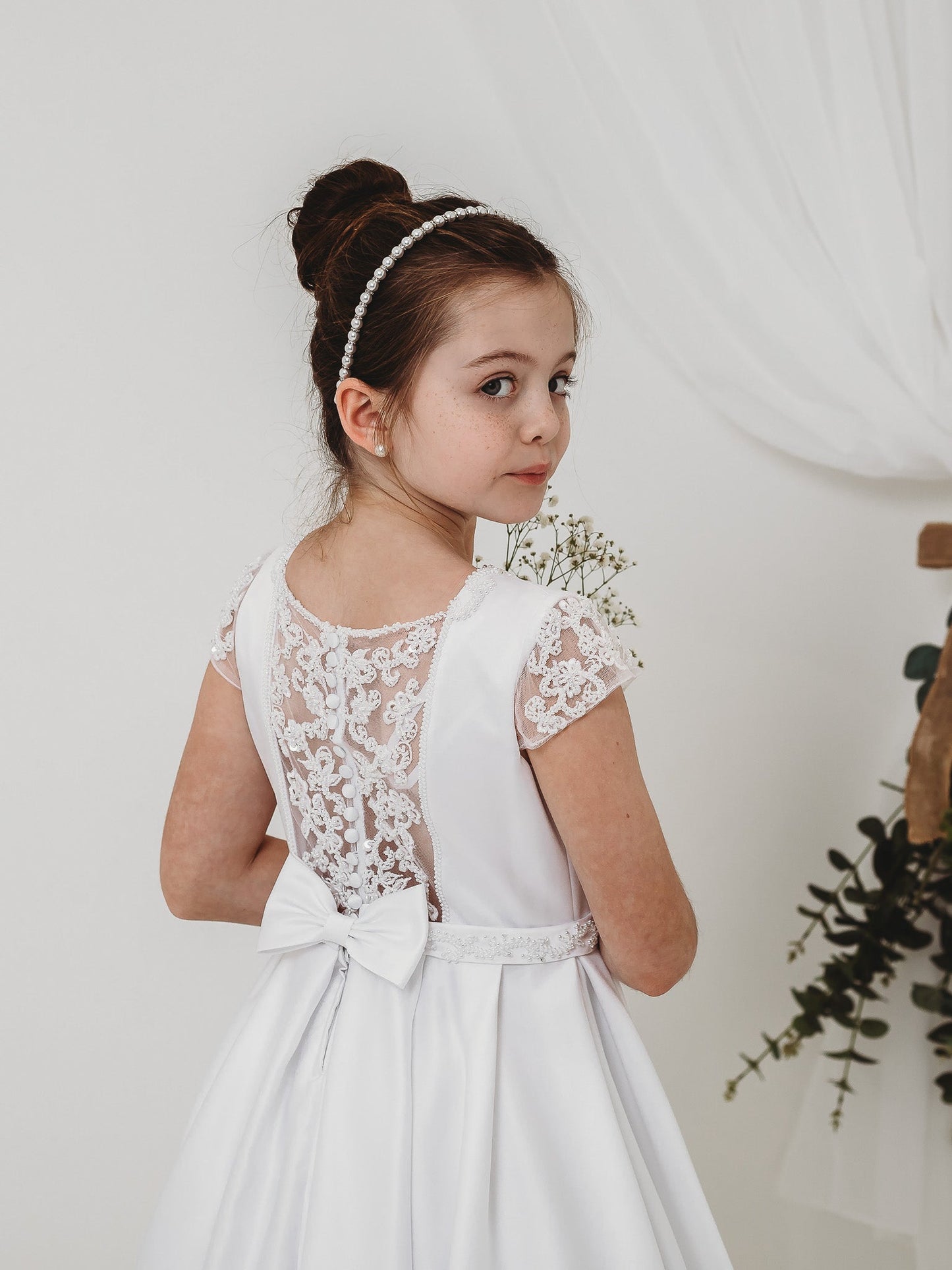 'Esther' White Satin & Pearl Communion Dress - Rose & Albert