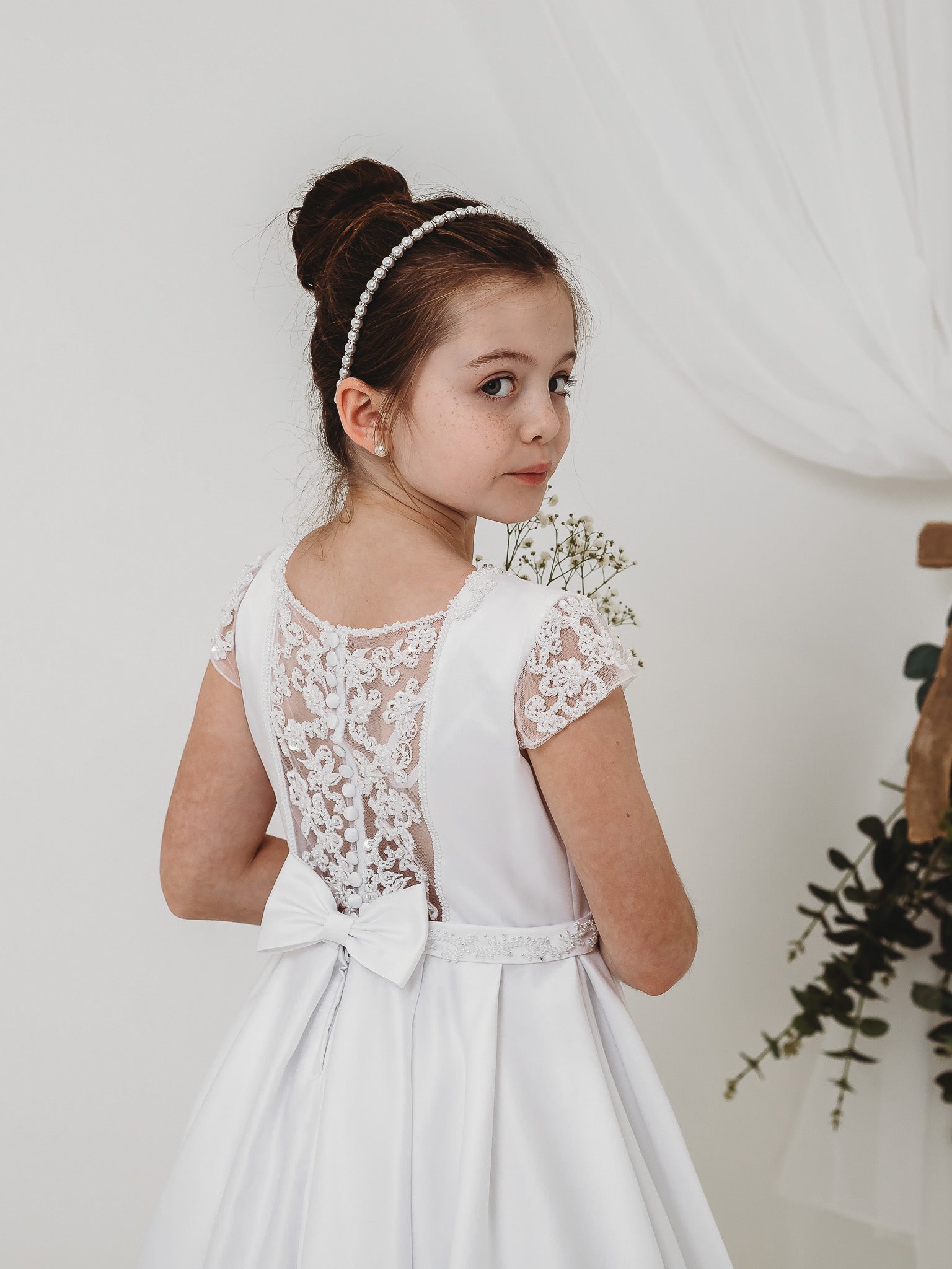 'Esther' White Satin & Pearl Communion Dress - Rose & Albert