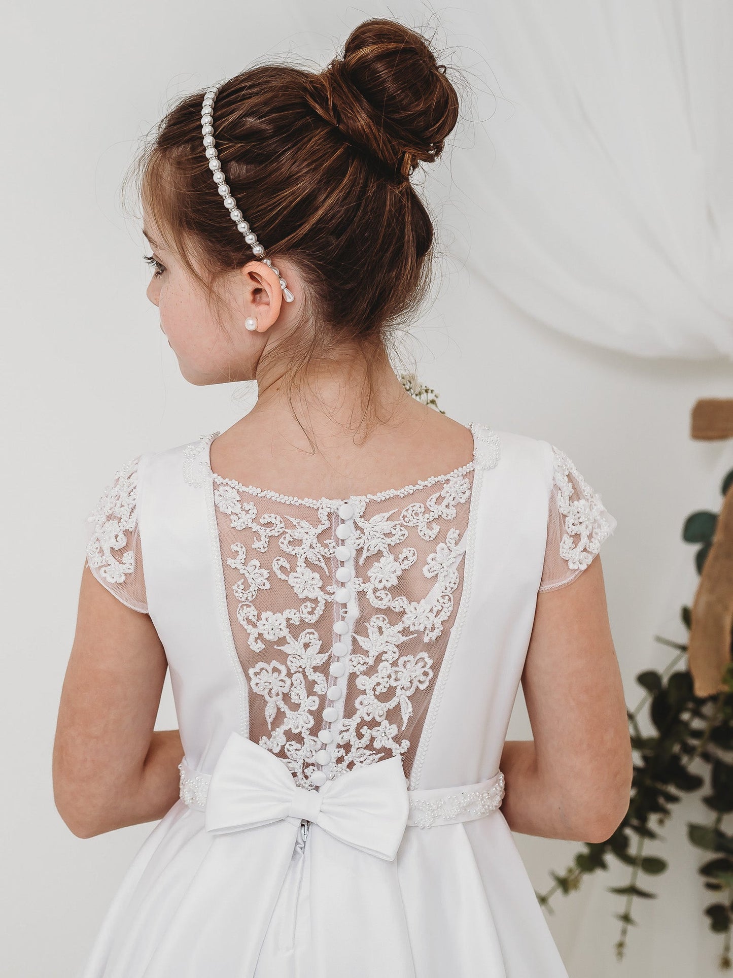 'Esther' White Satin & Pearl Communion Dress - Rose & Albert