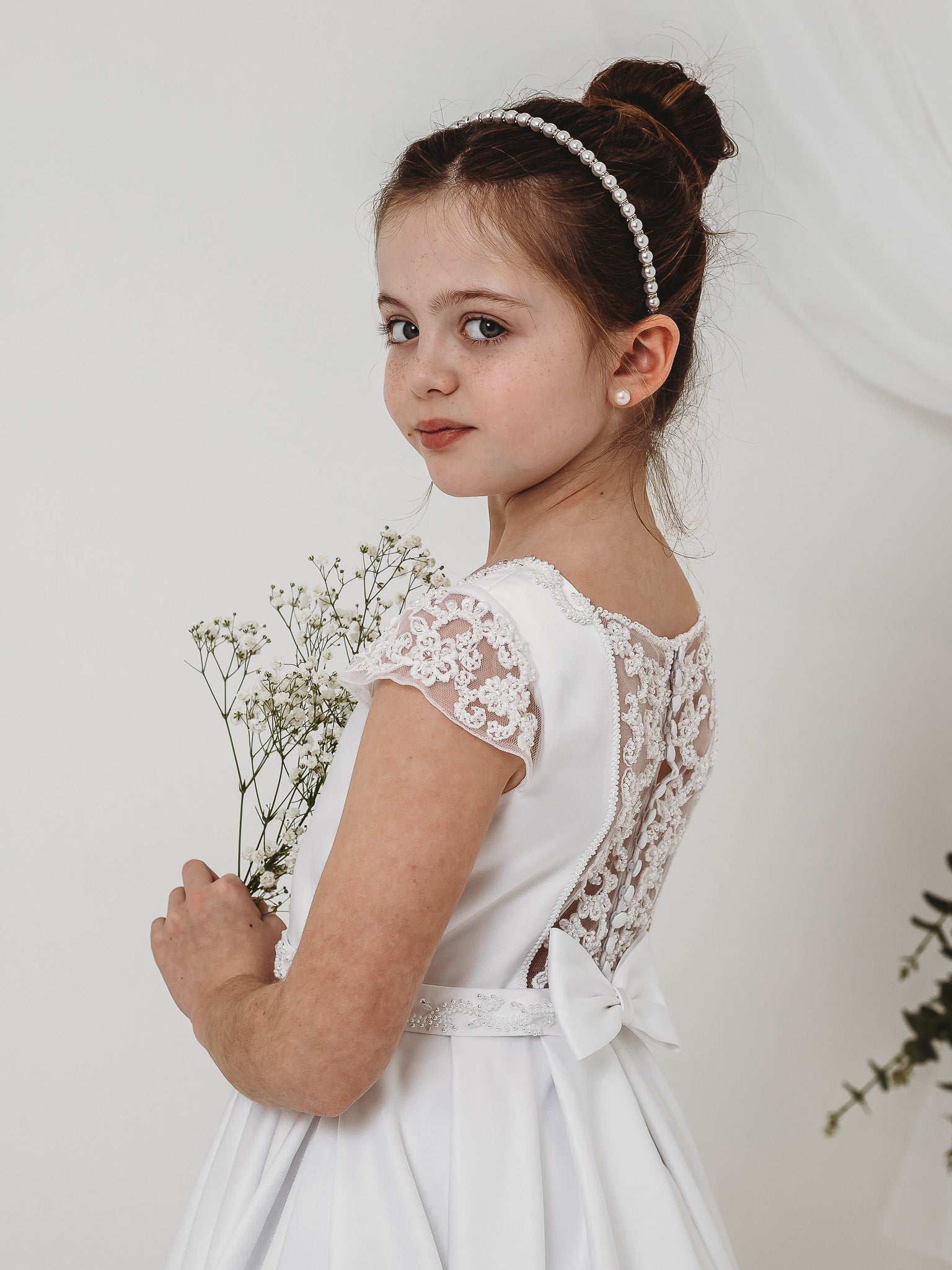 'Esther' White Satin & Pearl Communion Dress - Rose & Albert