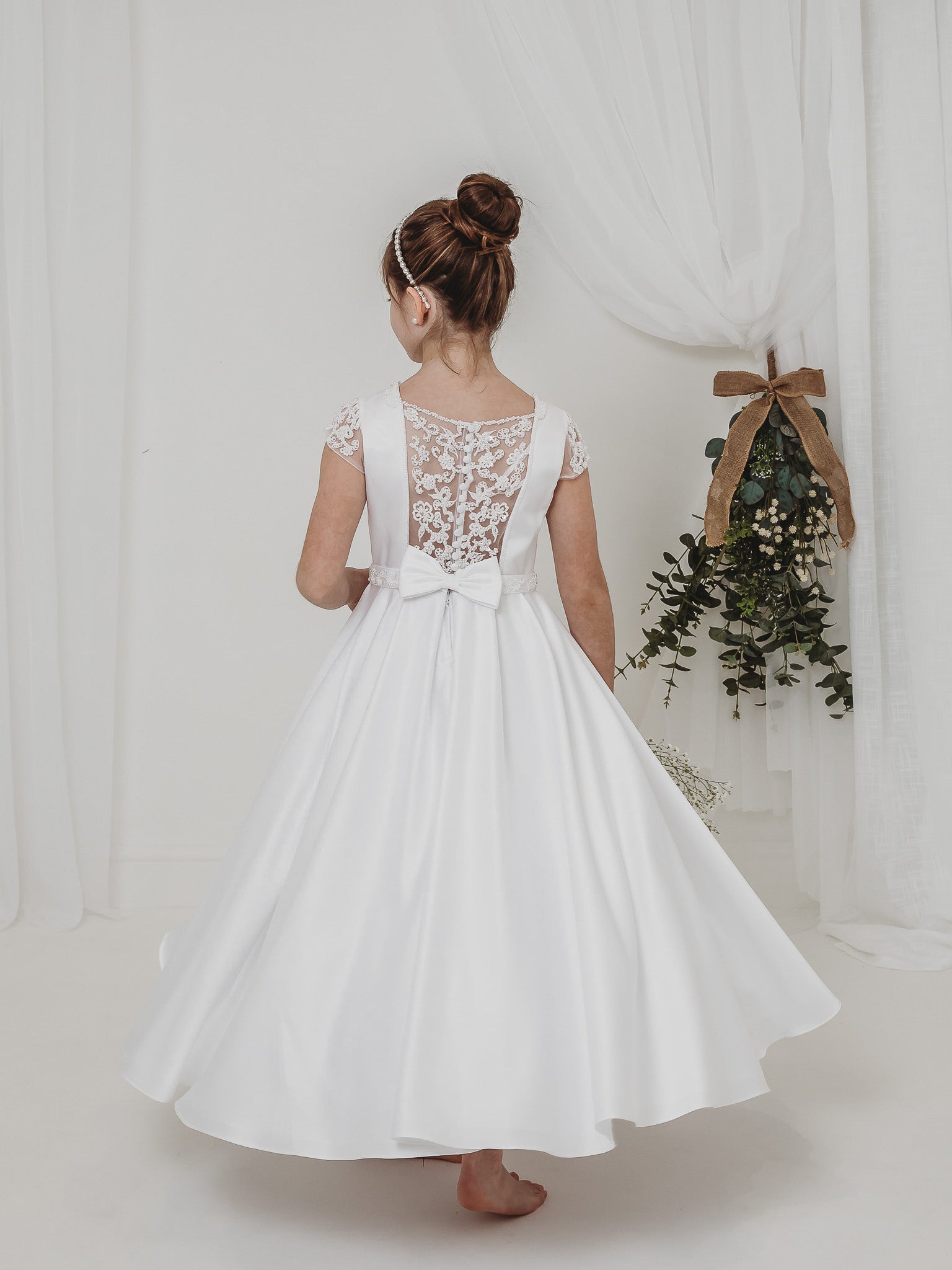 'Esther' White Satin & Pearl Communion Dress - Rose & Albert