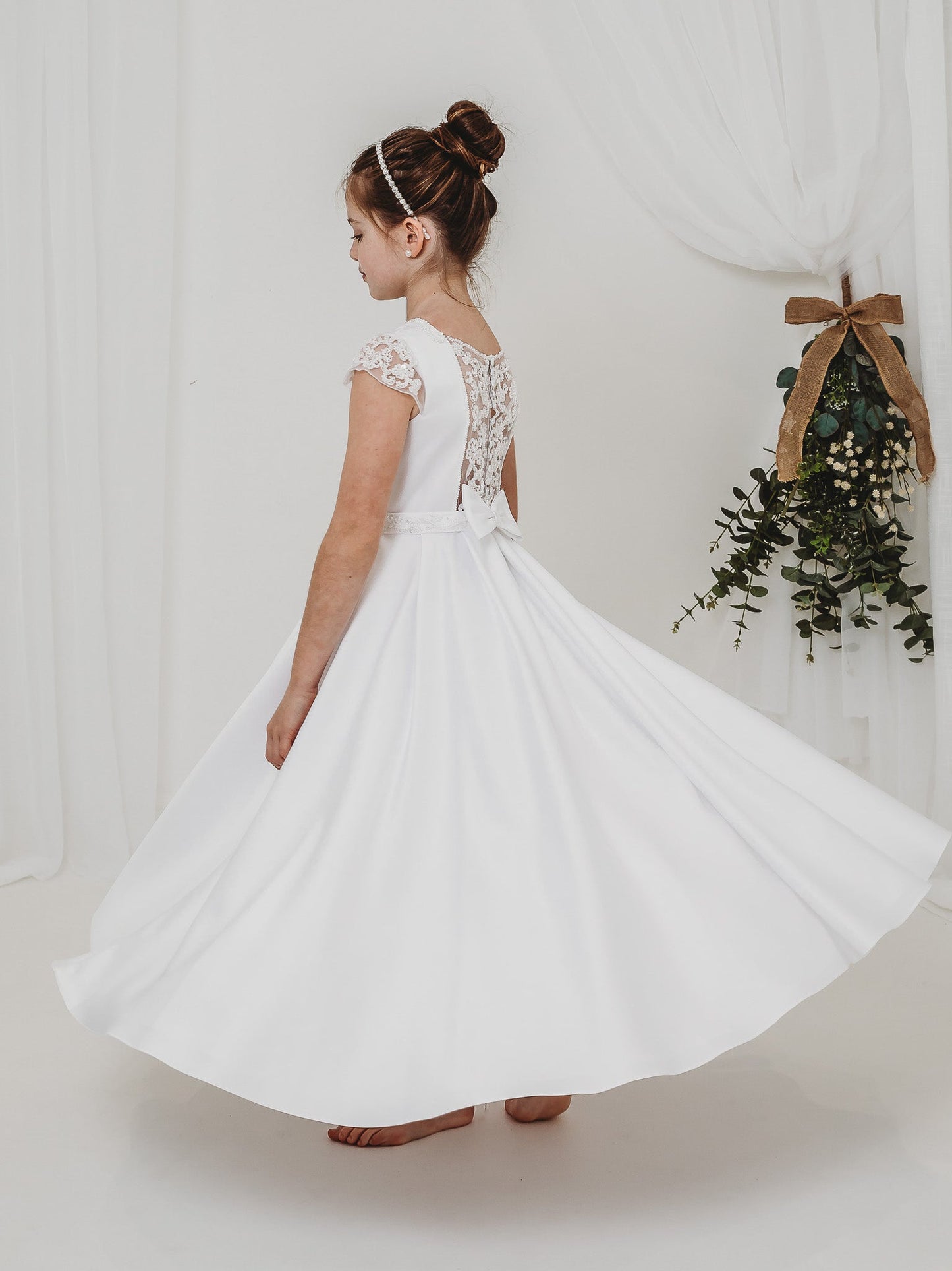 'Esther' White Satin & Pearl Communion Dress - Rose & Albert