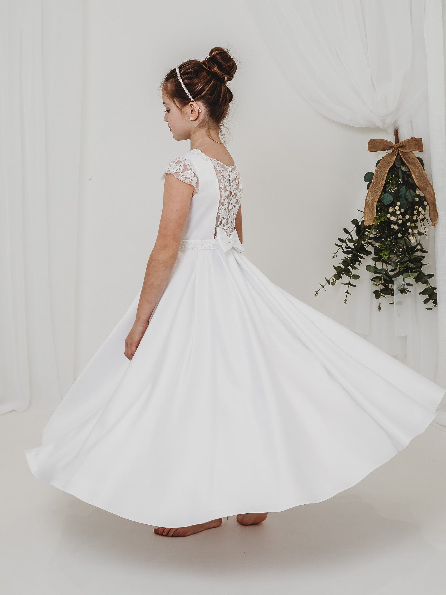 'Esther' White Satin & Pearl Communion Dress - Rose & Albert