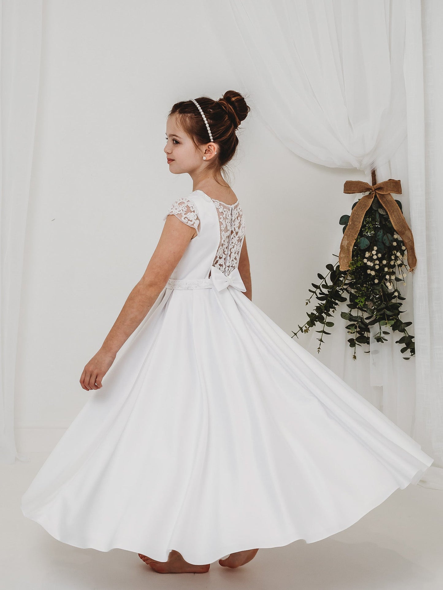 'Esther' White Satin & Pearl Communion Dress - Rose & Albert