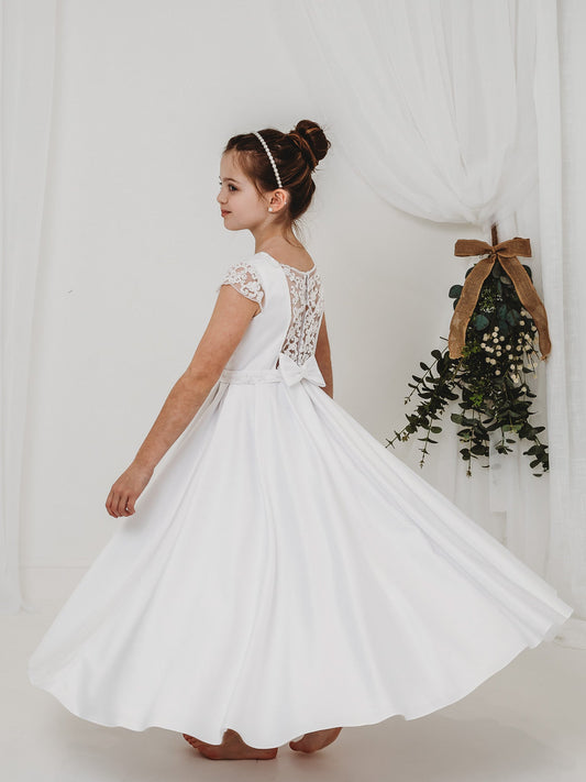 'Esther' White Satin & Pearl Communion Dress - Rose & Albert