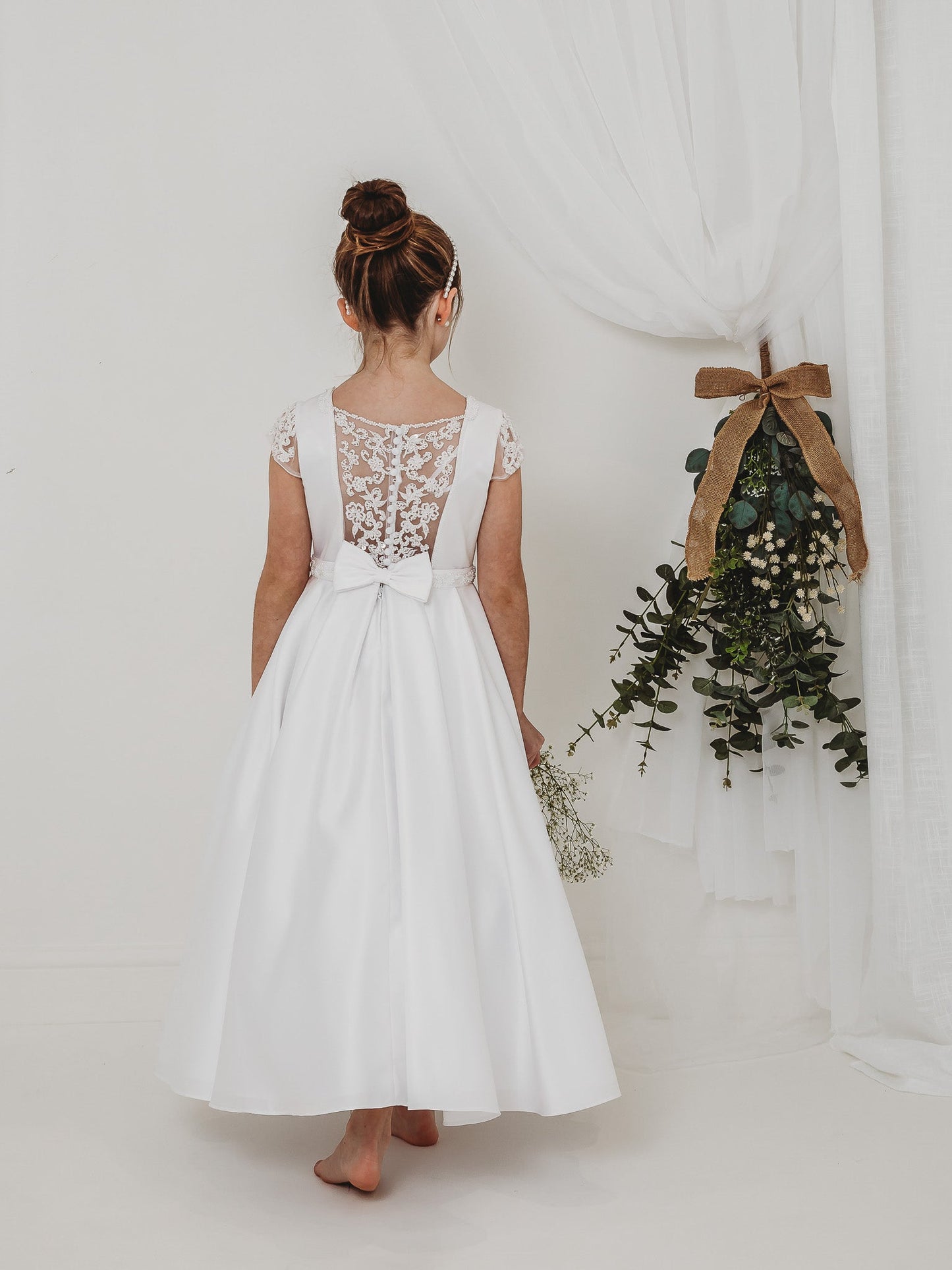 'Esther' White Satin & Pearl Communion Dress - Rose & Albert