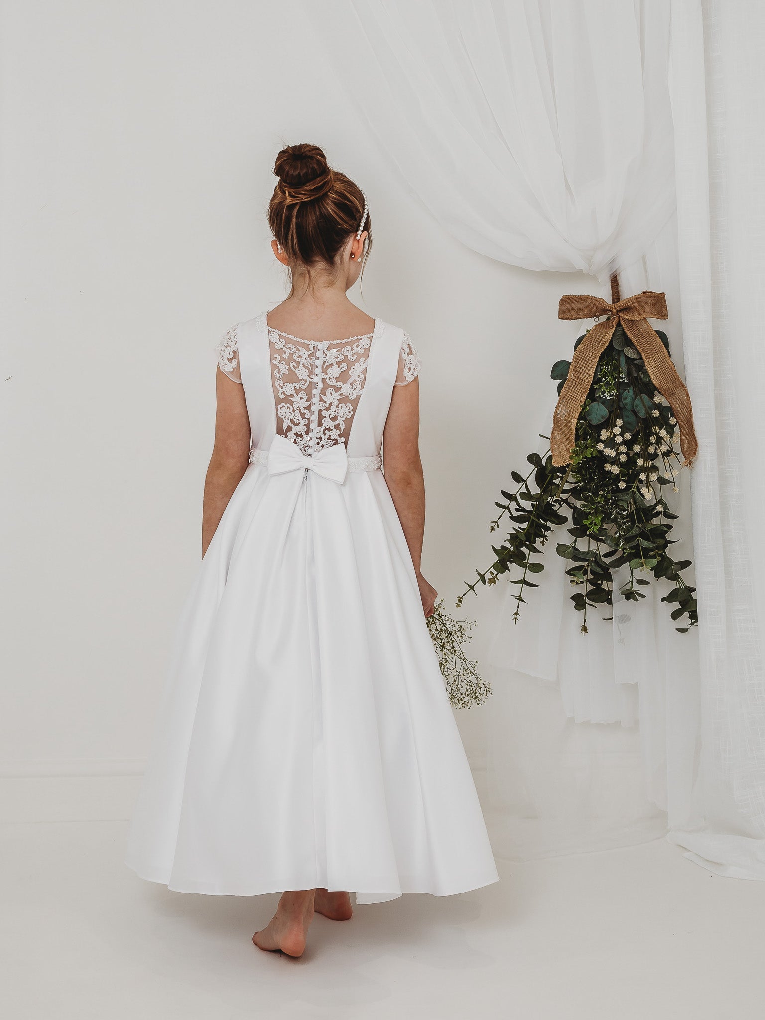 'Esther' White Satin & Pearl Communion Dress - Rose & Albert