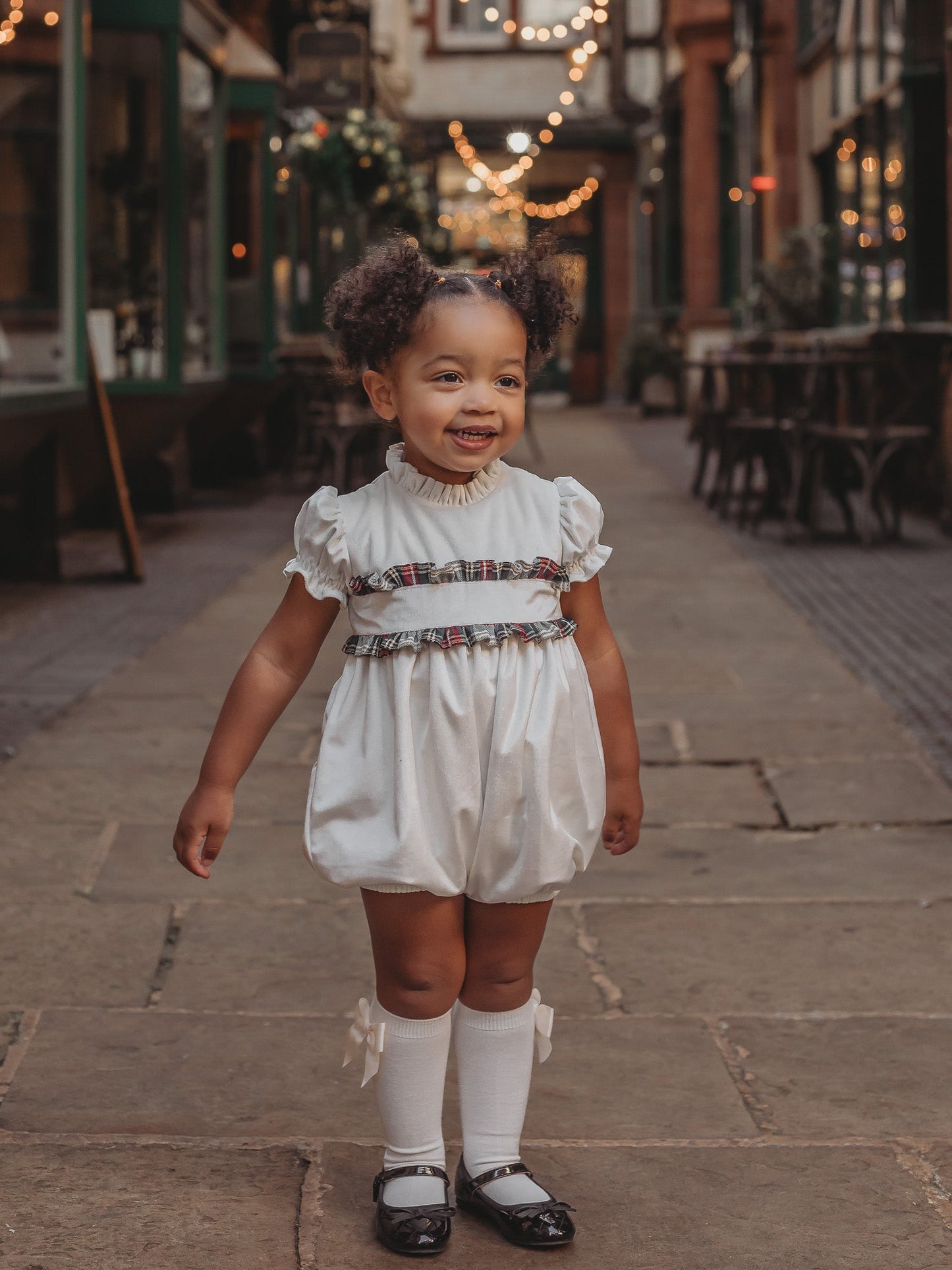 'Angel' ivory velvet & tartan romper