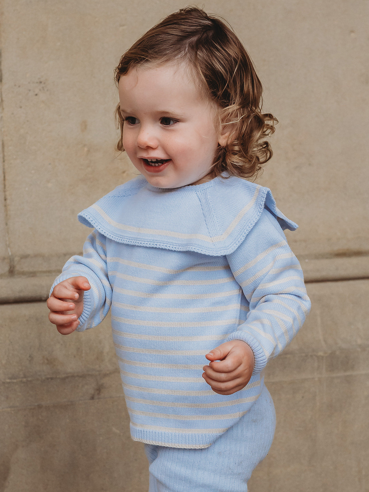 'Guy' Baby blue & beige Stripe Sailor Collar knitted top & legging set - Rose & Albert
