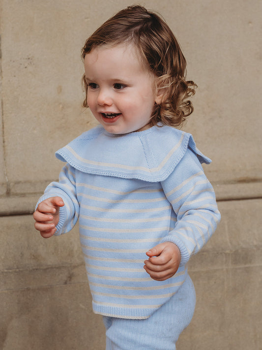 'Guy' Baby blue & beige Stripe Sailor Collar knitted top & legging set - Rose & Albert
